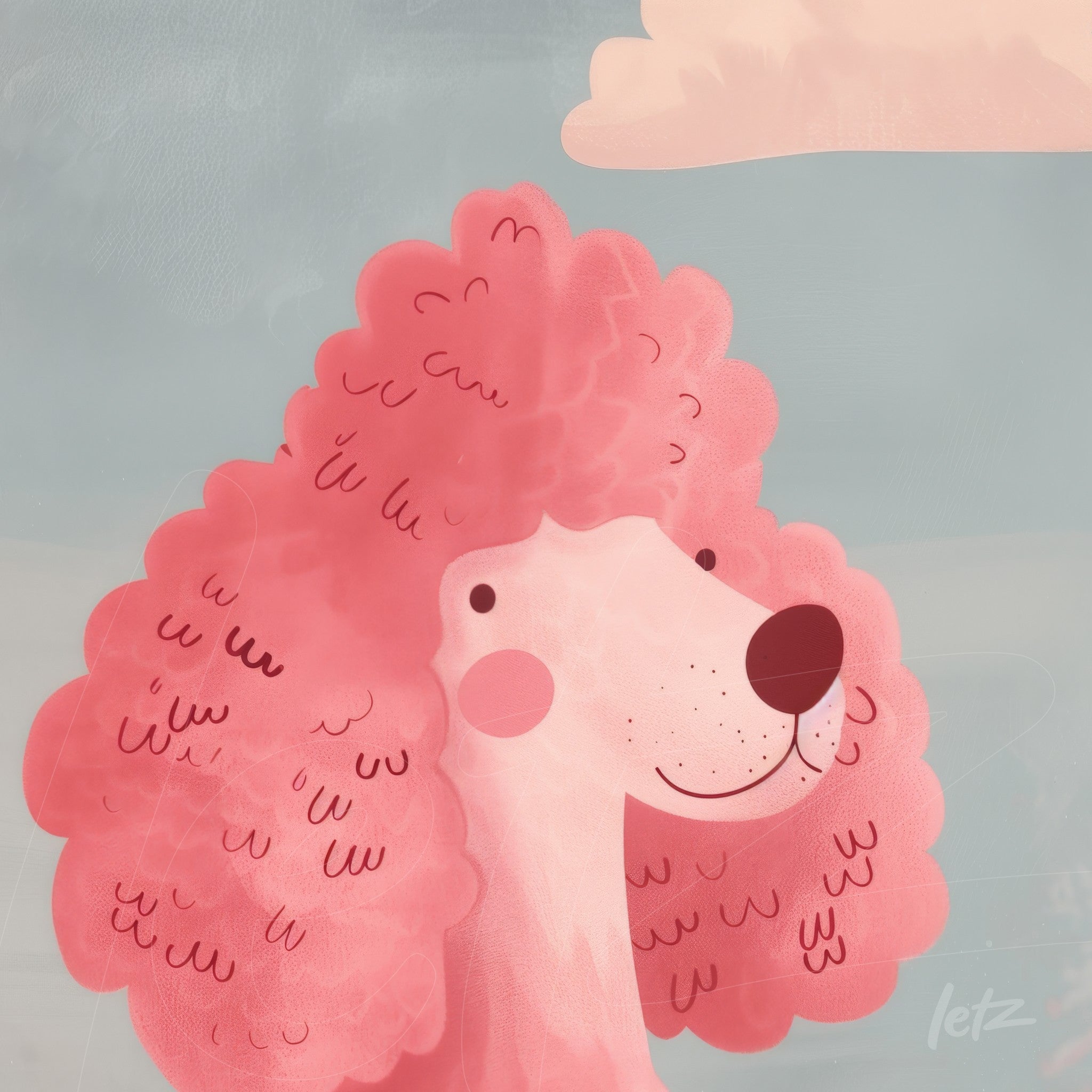 illustration of a pink poodle with fluffy fur against a light blue background with clouds