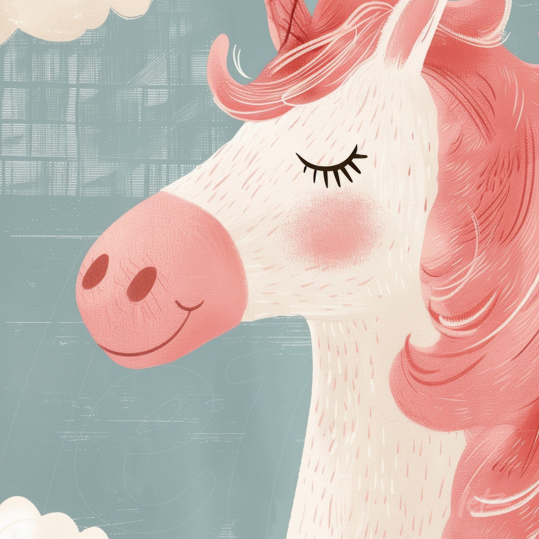 framed wall art featuring a detailed illustration of a unicorn with a pink head and soft blue background with clouds