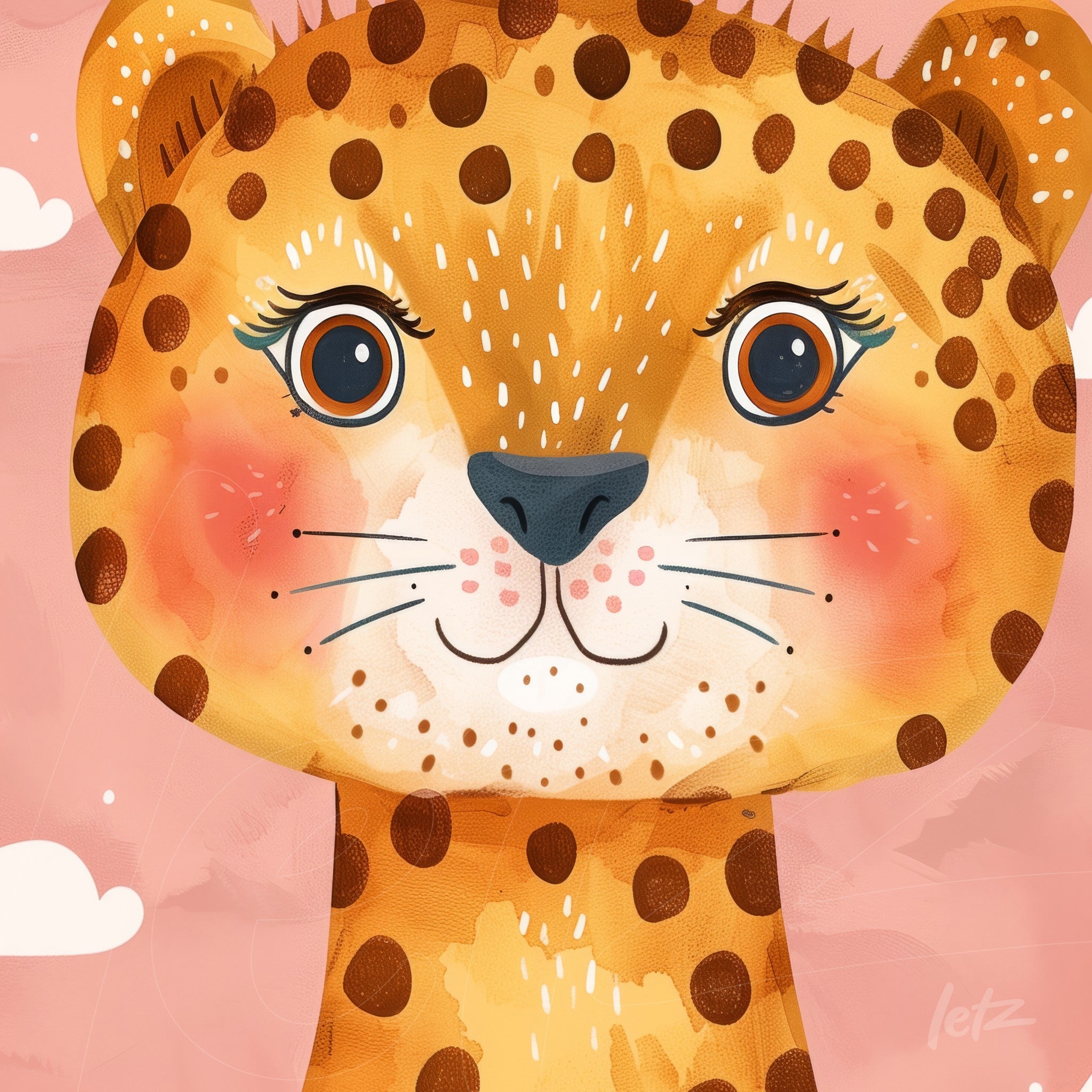 colorful framed illustration of a jaguar with a pink background and white clouds