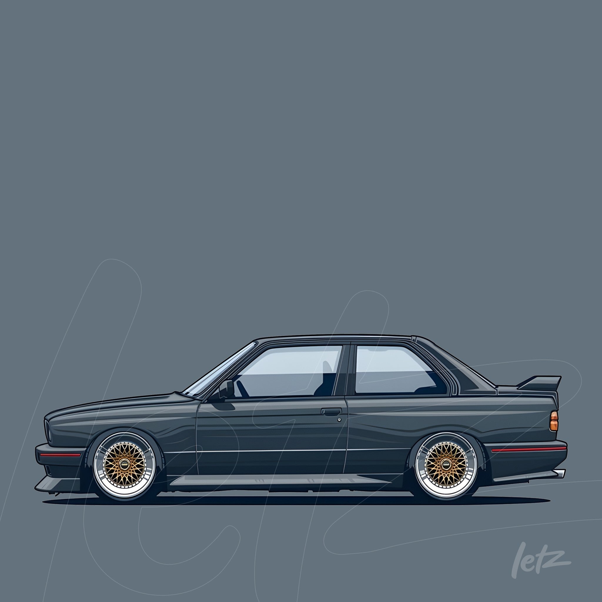 digital art of a gray sports car on dark blue background with red accents