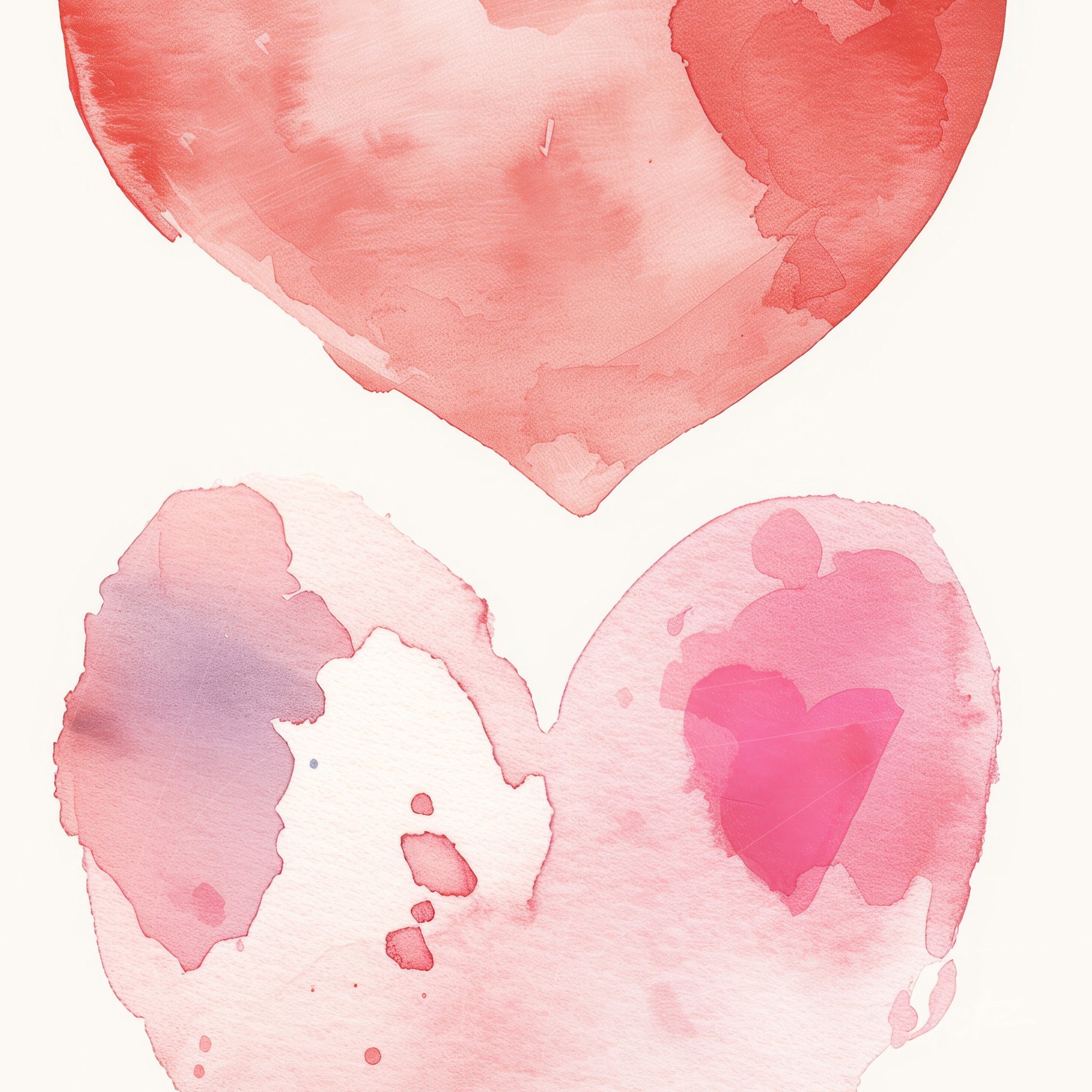 digital artwork featuring two hearts in shades of pink and red on a light watercolor background