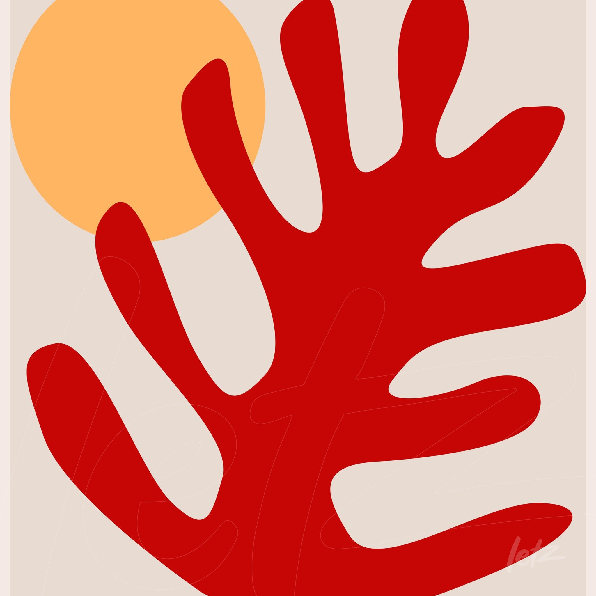 abstract wall art featuring red foliage shapes on a neutral background with a circular orange form