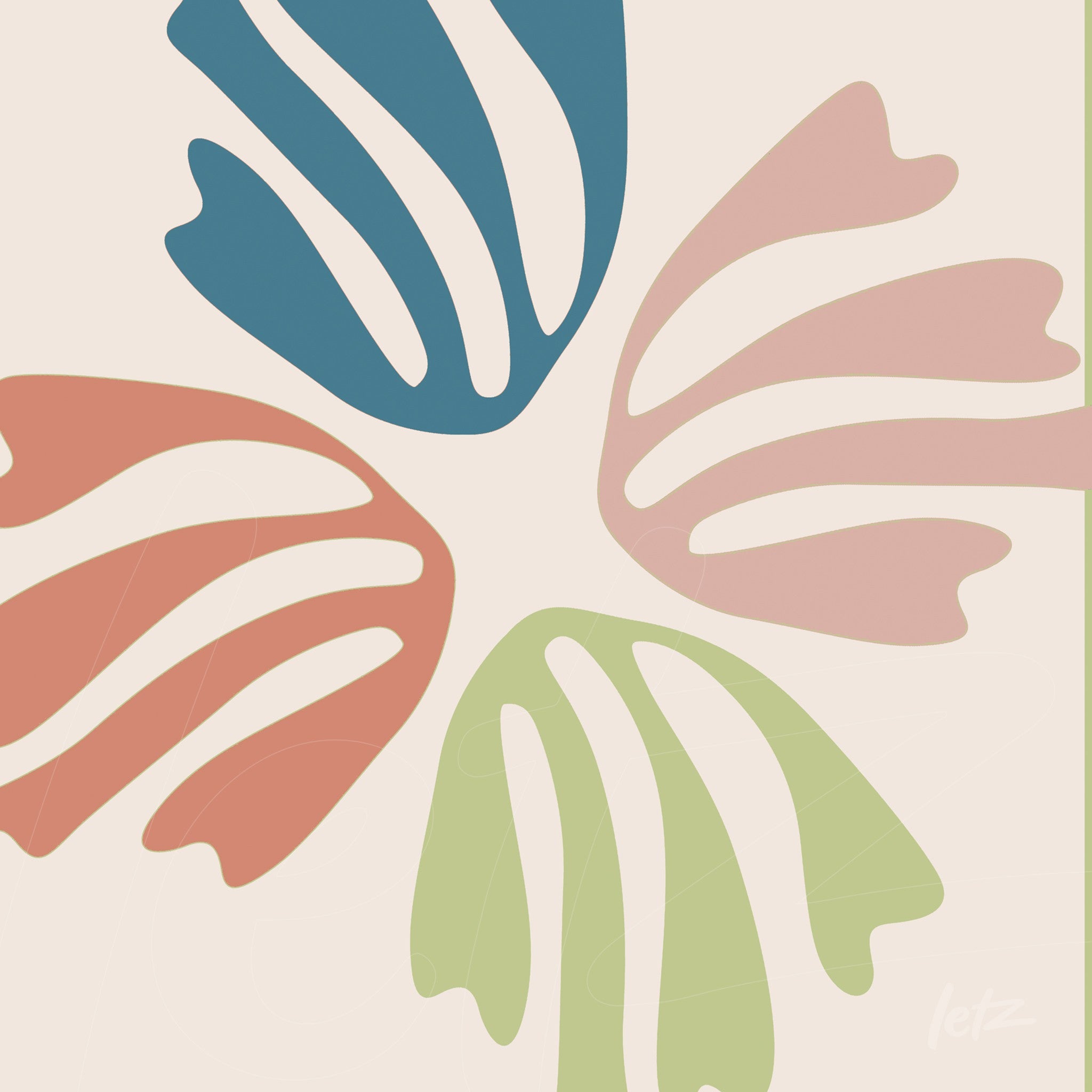 digital artwork featuring abstract leaves in shades of blue, pink, green, and terracotta on a light background