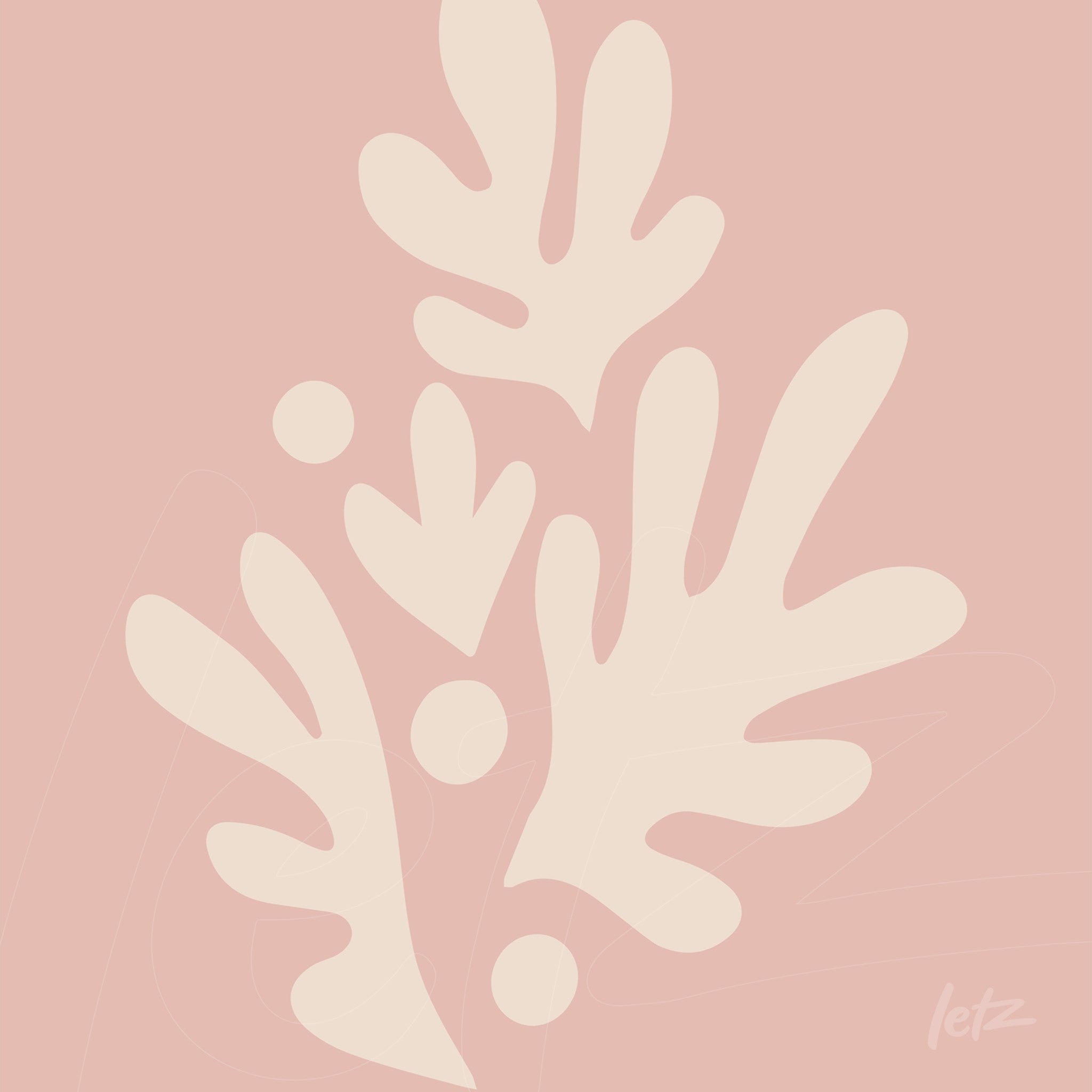 minimalist wall art featuring light leaves design on pink background