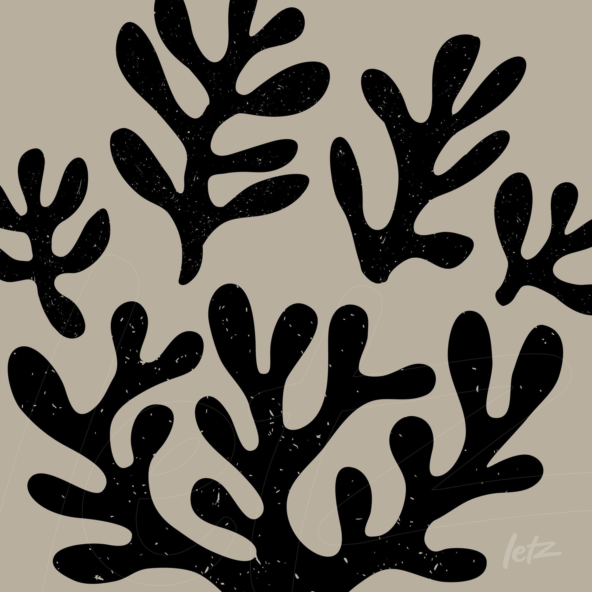 digital artwork featuring stylized corals in black on beige background