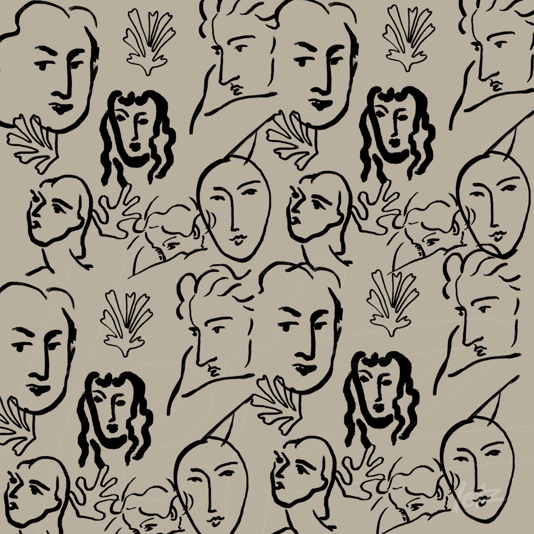 abstract art featuring stylized faces with fine lines and diverse expressions on a neutral background