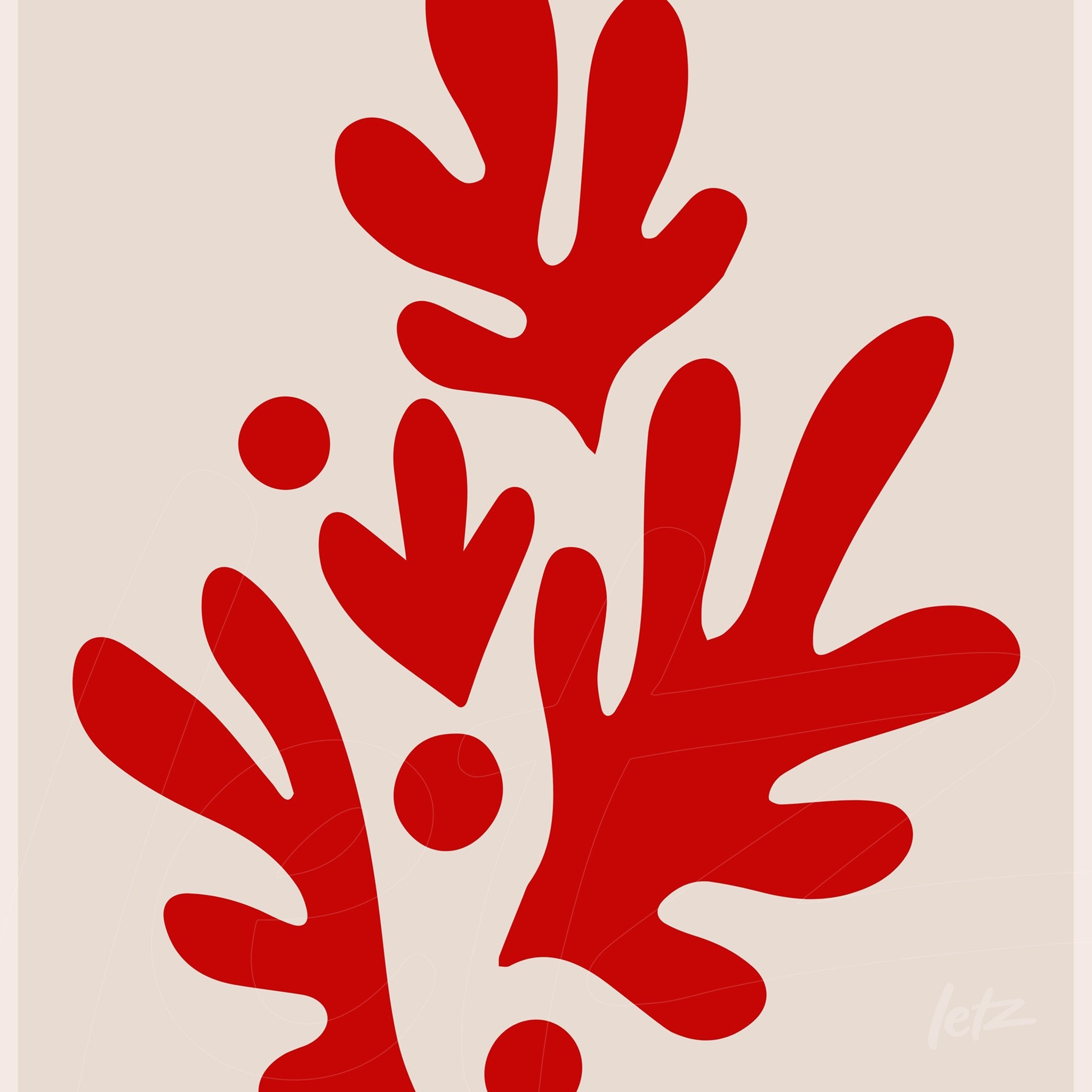 abstract wall art featuring stylized red leaves on a light background