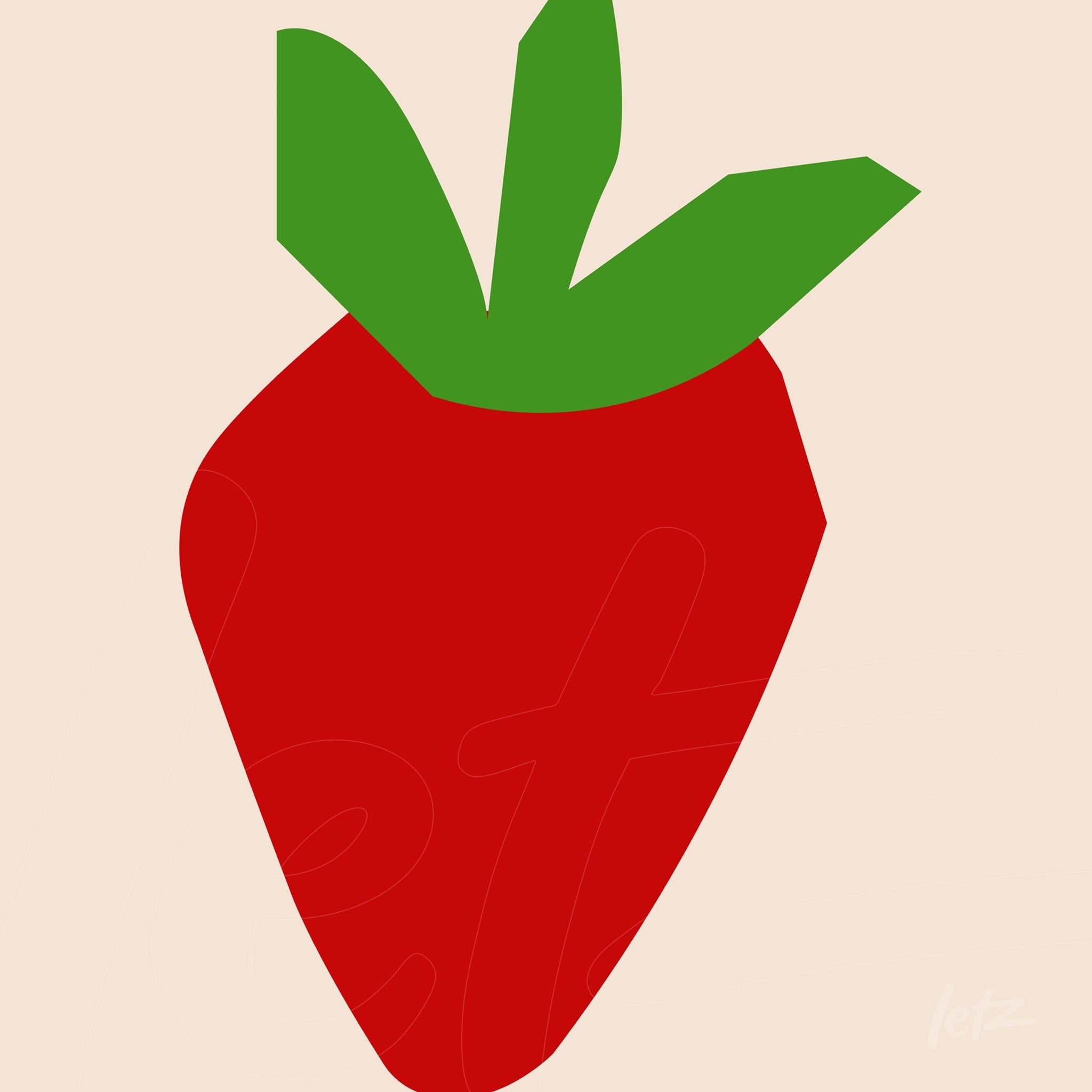 minimalist illustration of a strawberry with green leaves on a light background