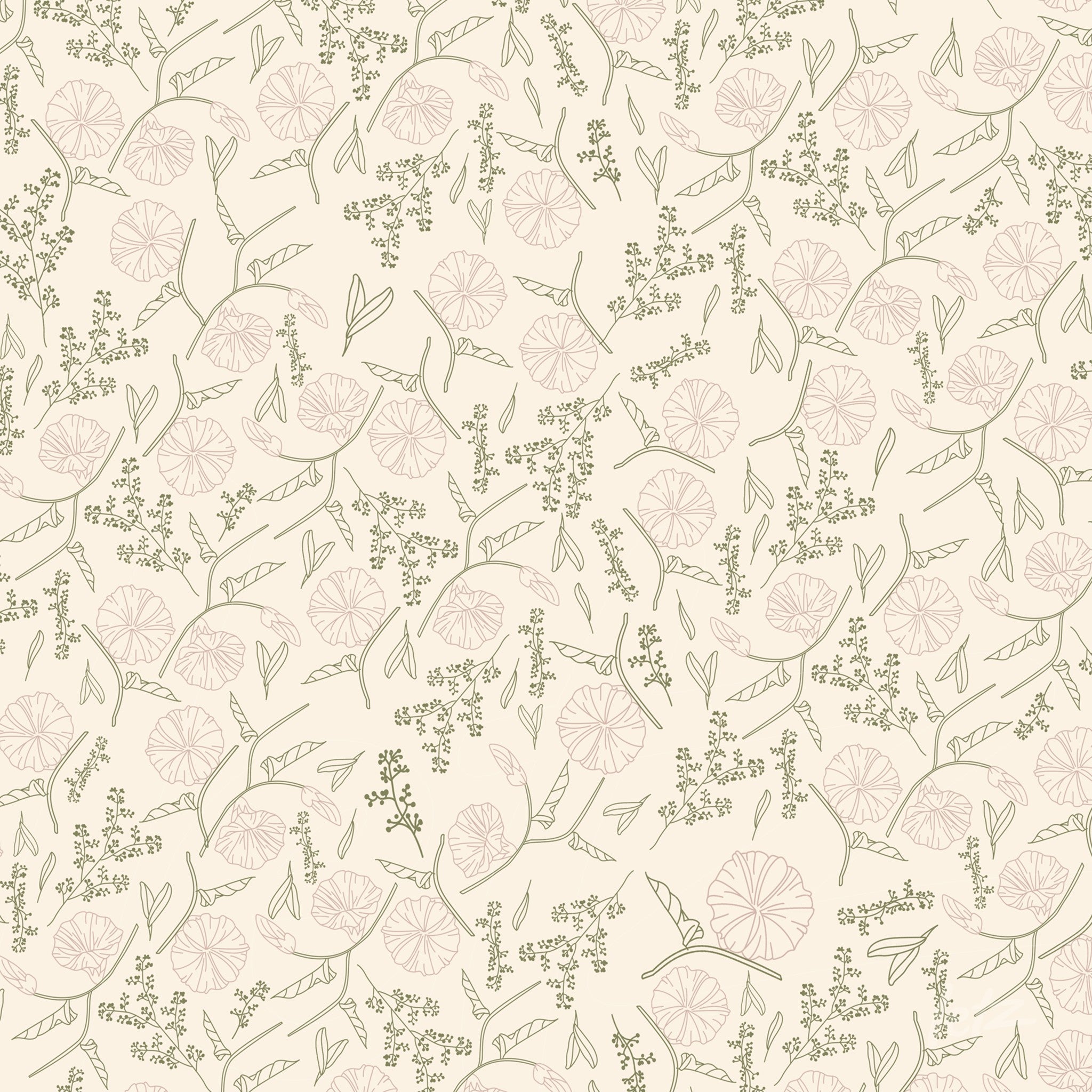 decorative fabric with floral and leaf pattern in soft pink and green tones on light background