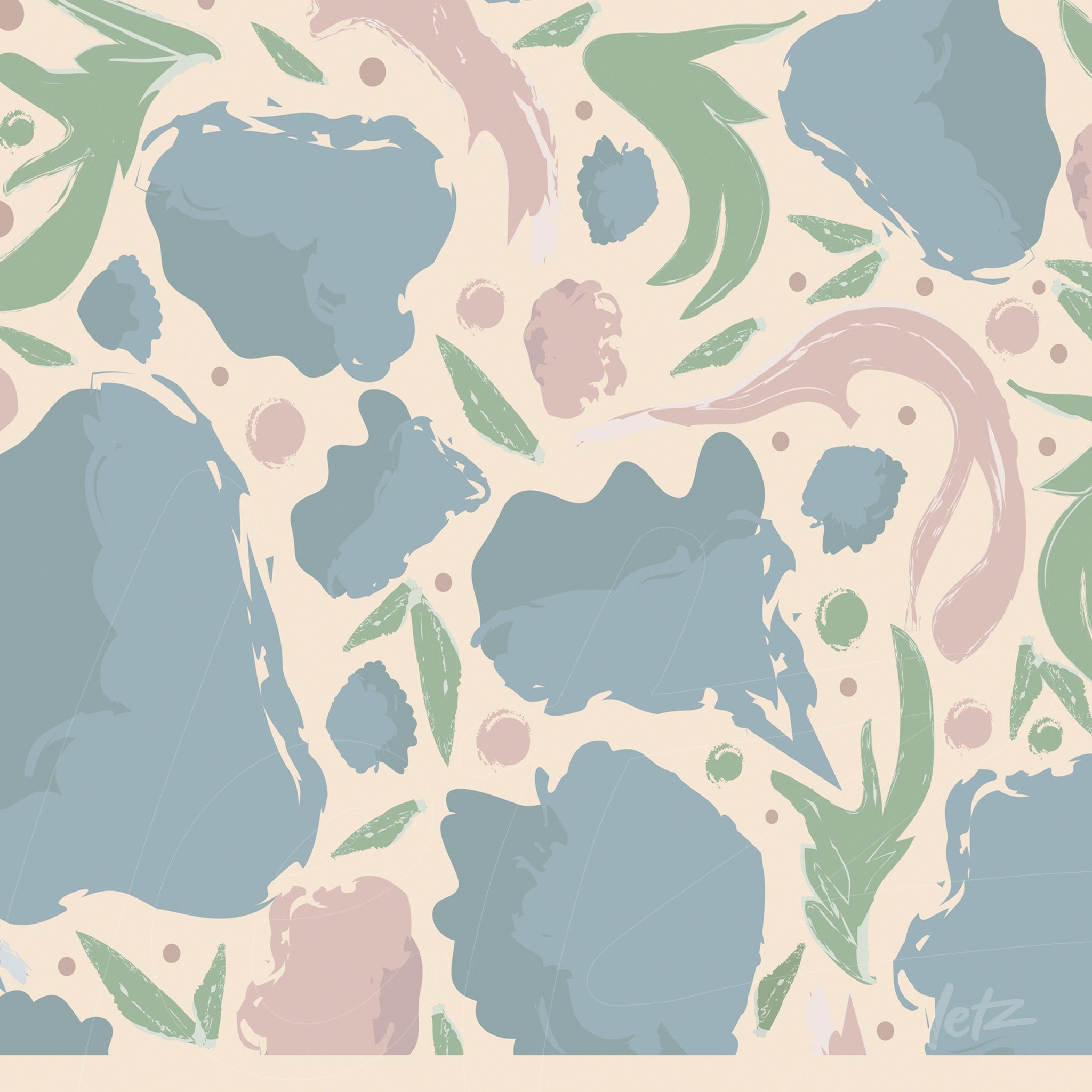 abstract wall art featuring organic shapes in shades of blue and pink on a cream background