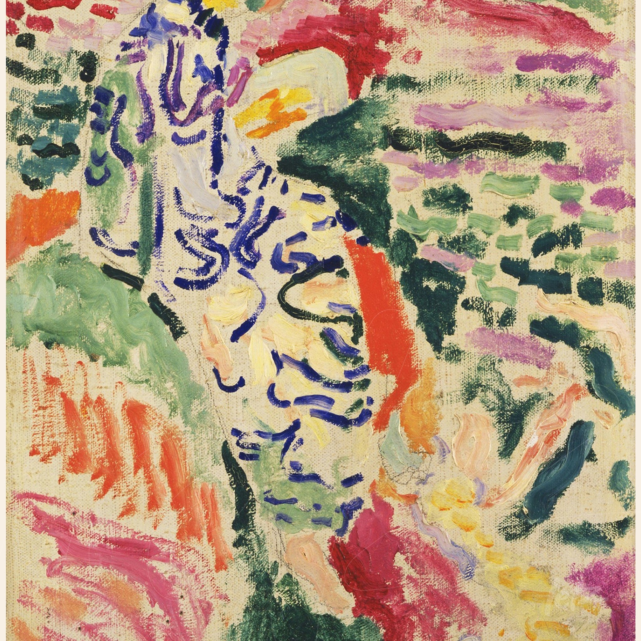 abstract art featuring fluid shapes in shades of pink, red, green, and blue with a textured background