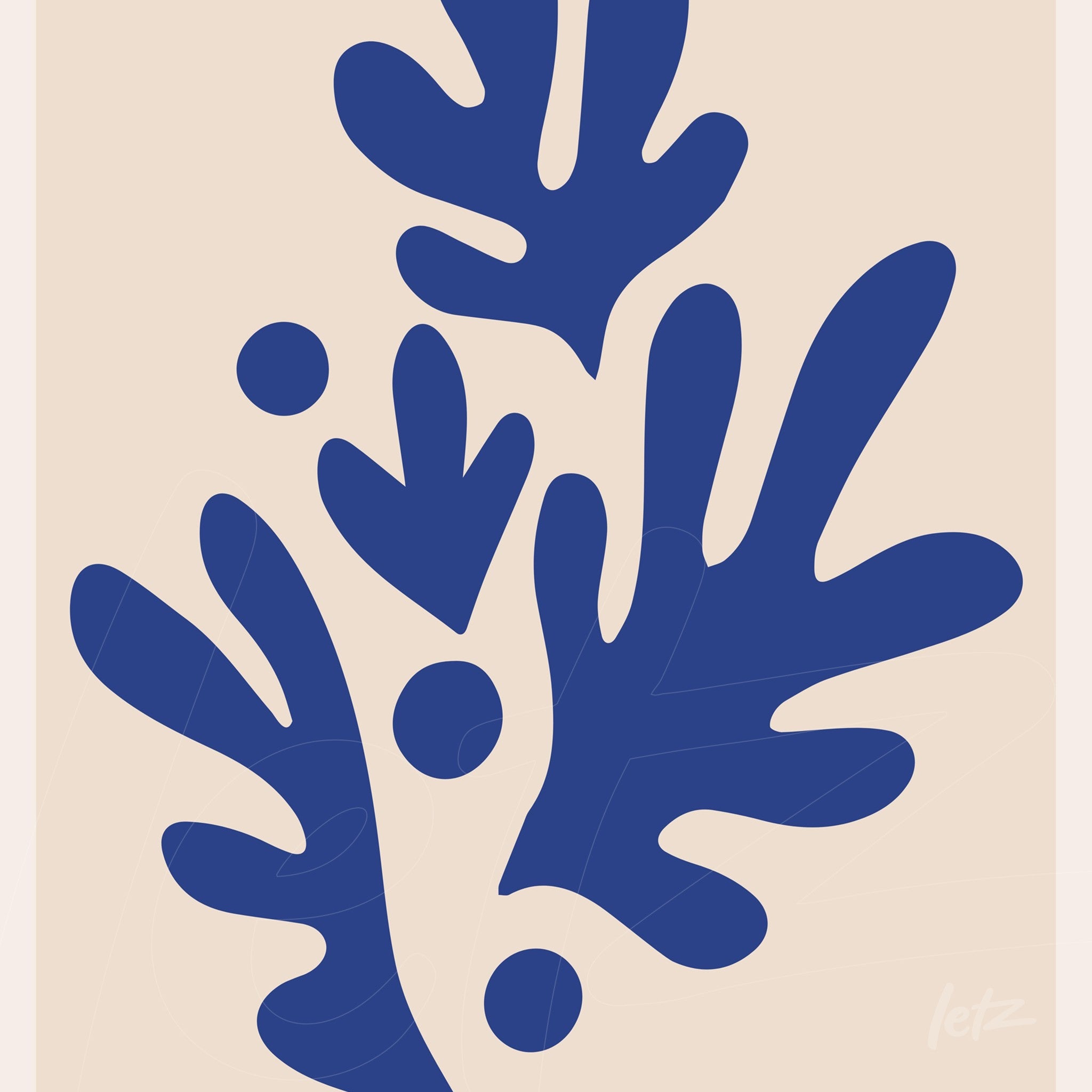 framed wall art featuring minimalist blue leaf shapes on a light background