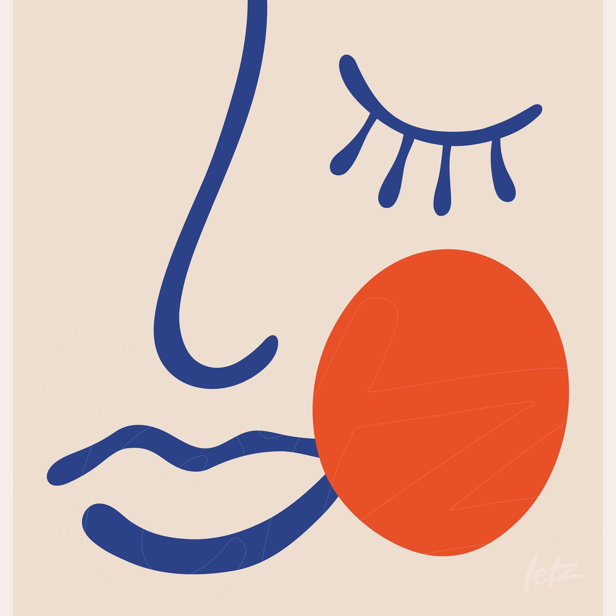 minimalist art of an abstract face with blue outlines and geometric orange shapes on a cream background