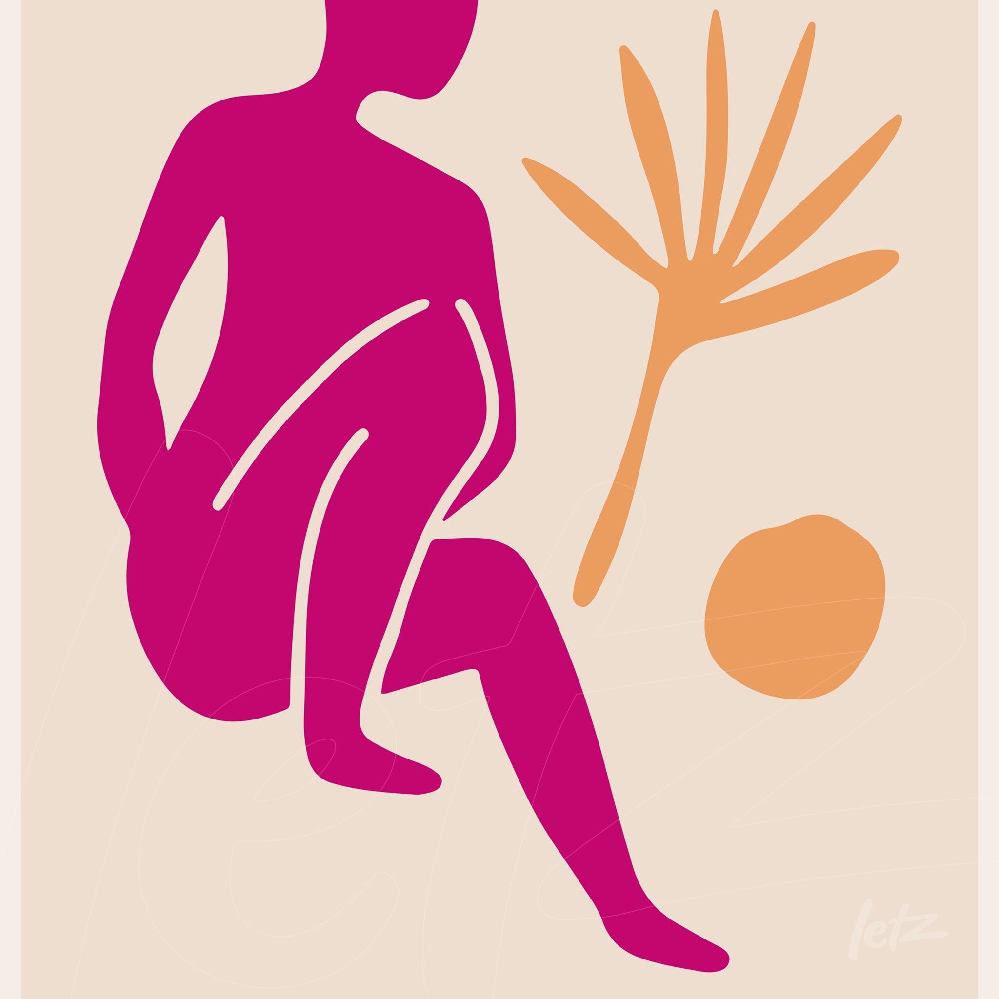 abstract art featuring a human figure in vibrant tones accompanied by leaves and a geometric shape in the background