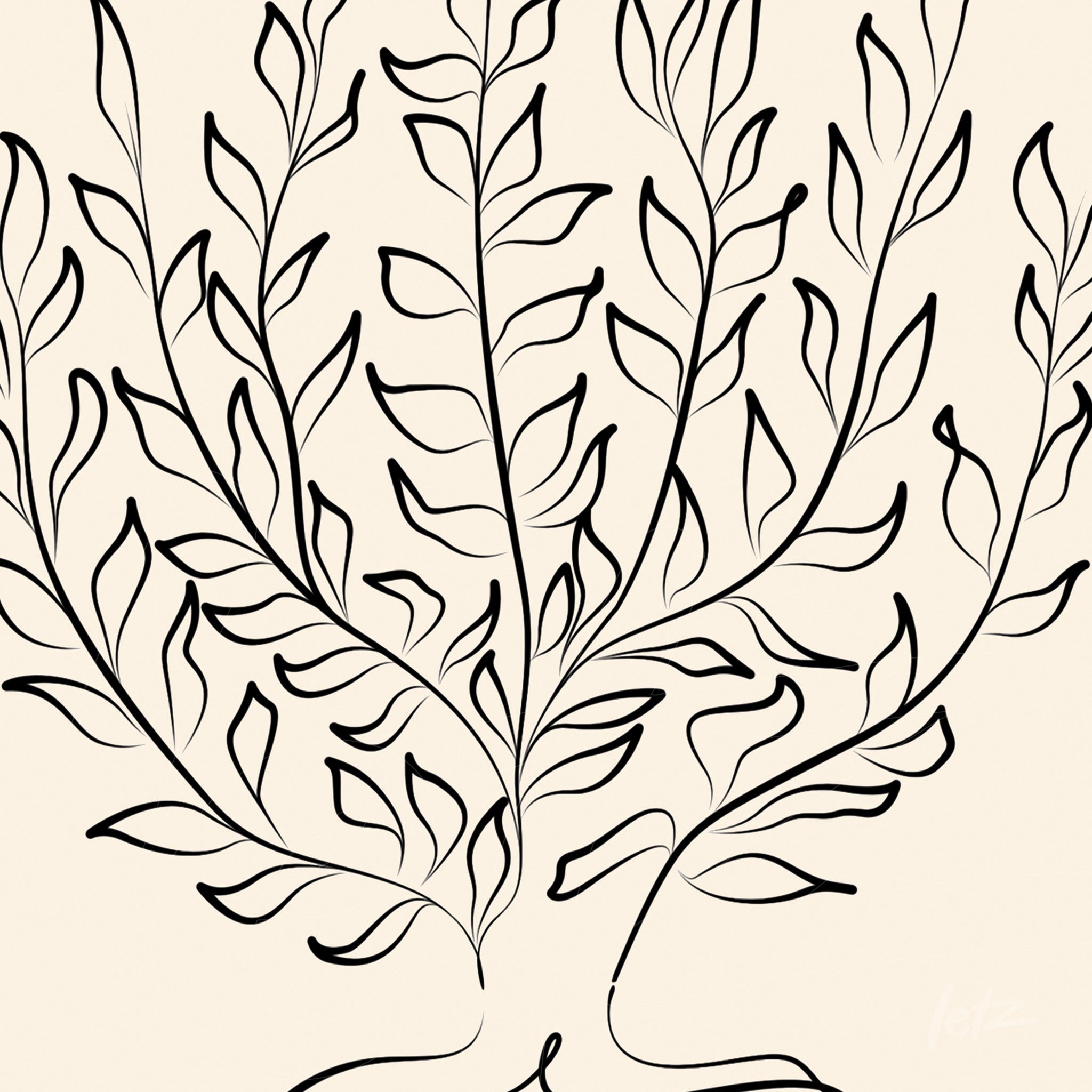 minimalist artwork featuring black leaves on a light beige background