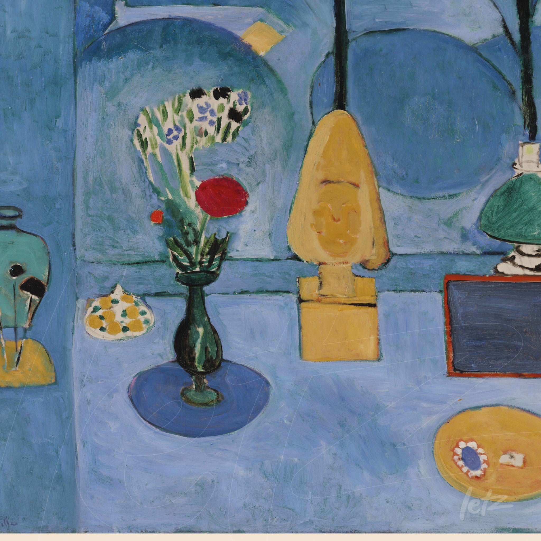 modern art painting of a still life on a blue background featuring flowers in a green vase, a yellow sculpture, and various decorative objects