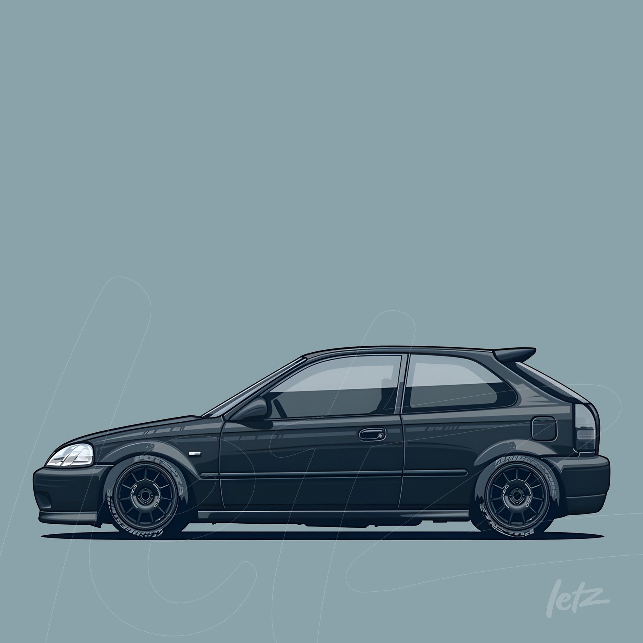 digital illustration of a black hatchback car with sporty wheels against a light blue background