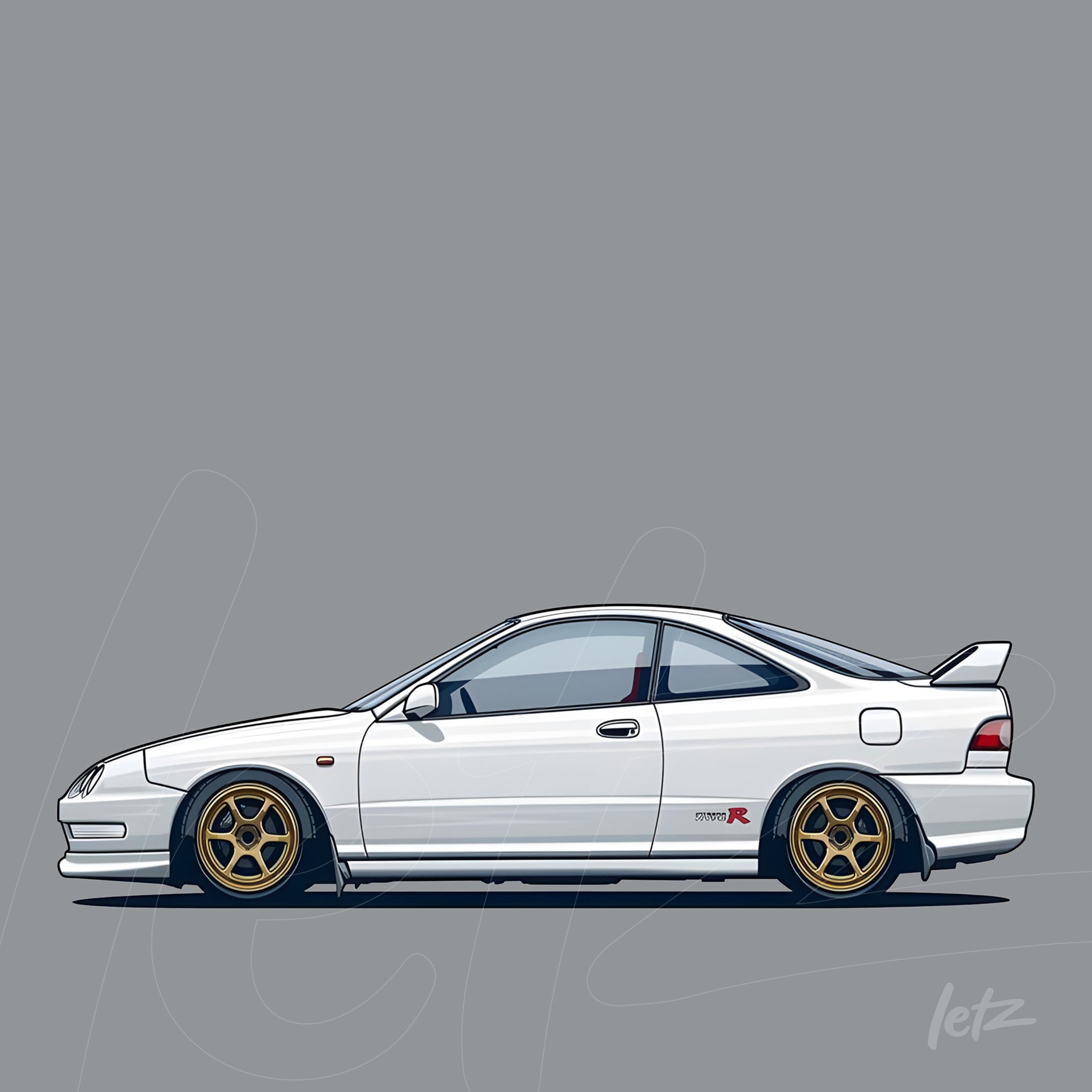 illustration of a white Acura Integra sports car with gold wheels on a gray background