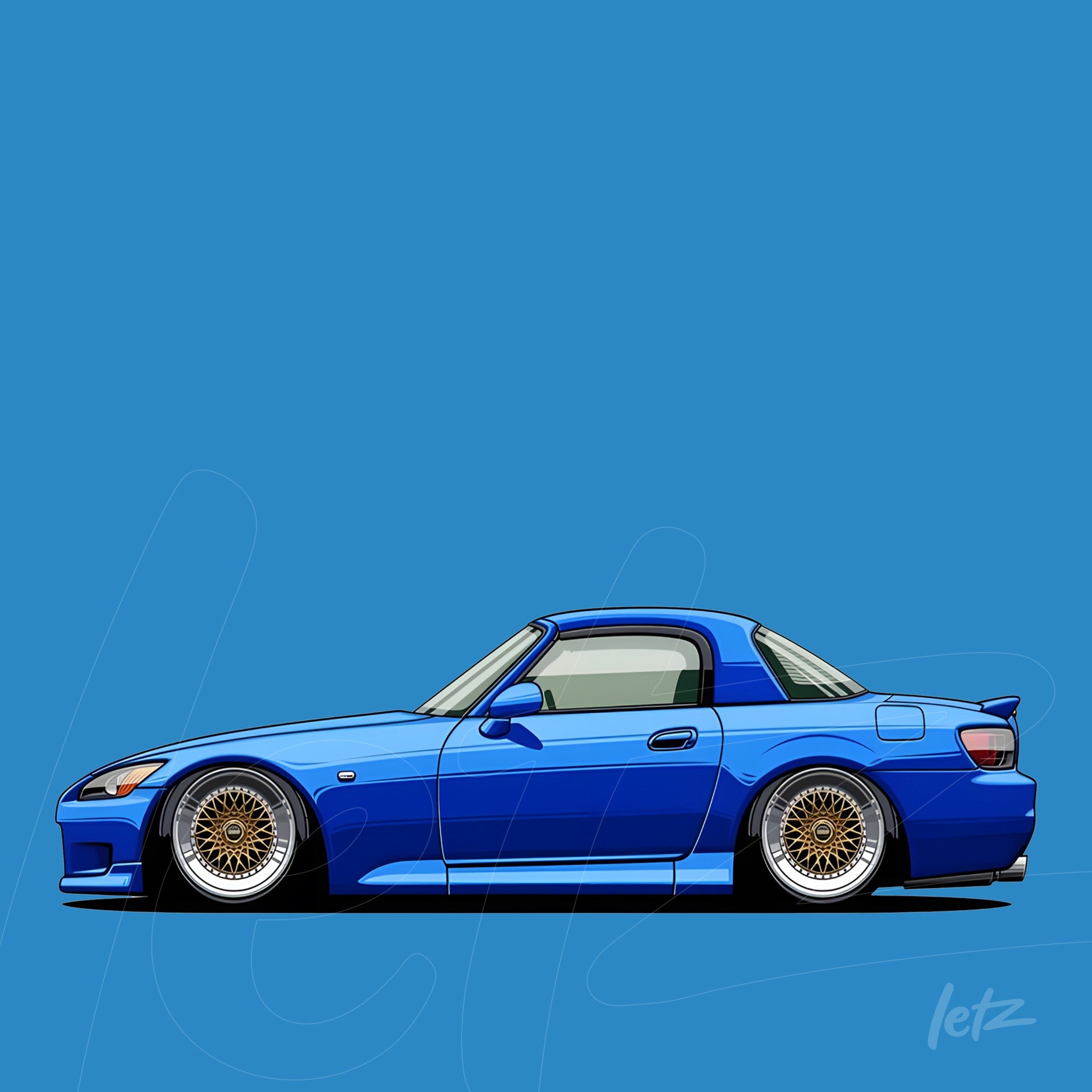 digital illustration of a blue sports car with golden rim wheels against a blue background