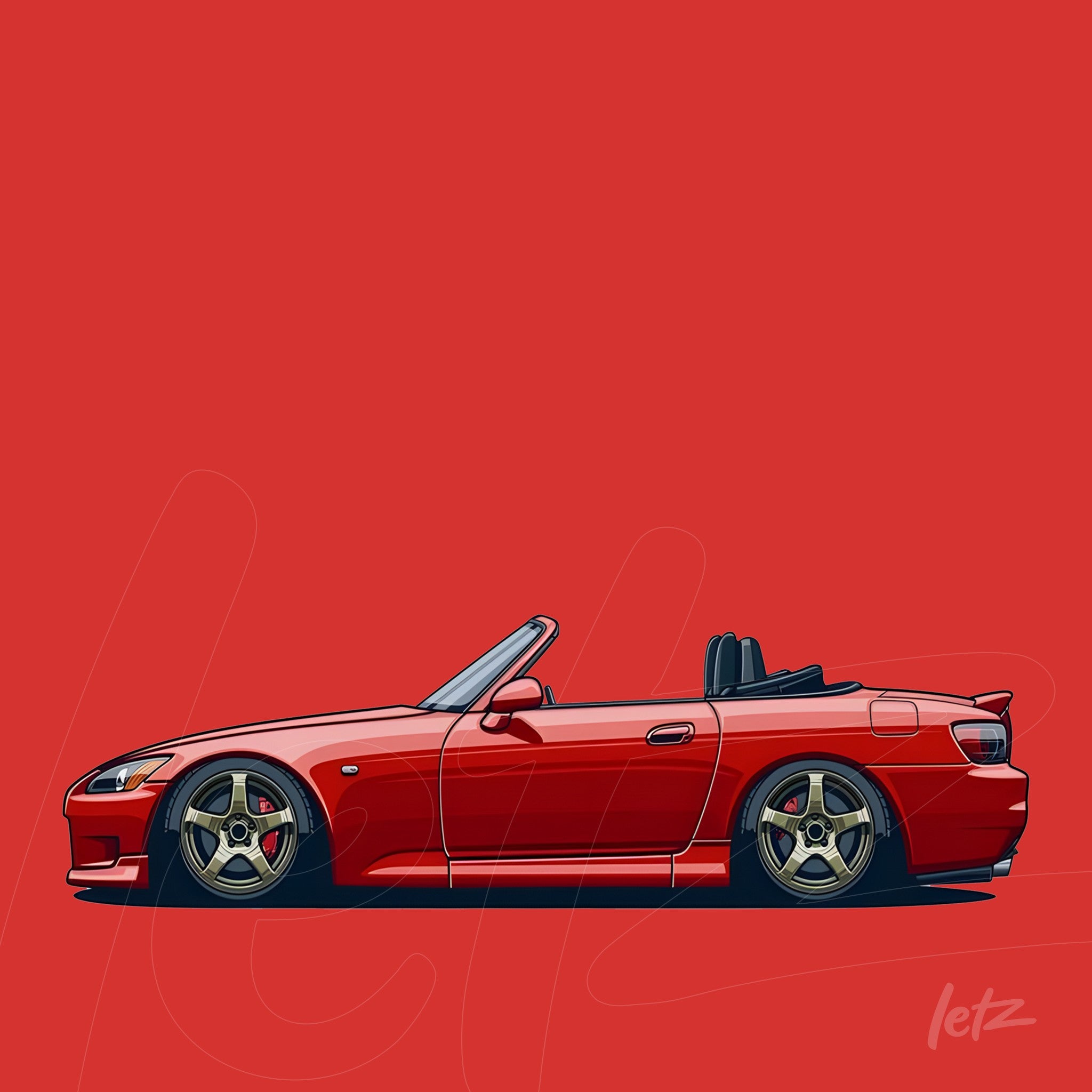 digital art of a red sports car with gold details on a red background