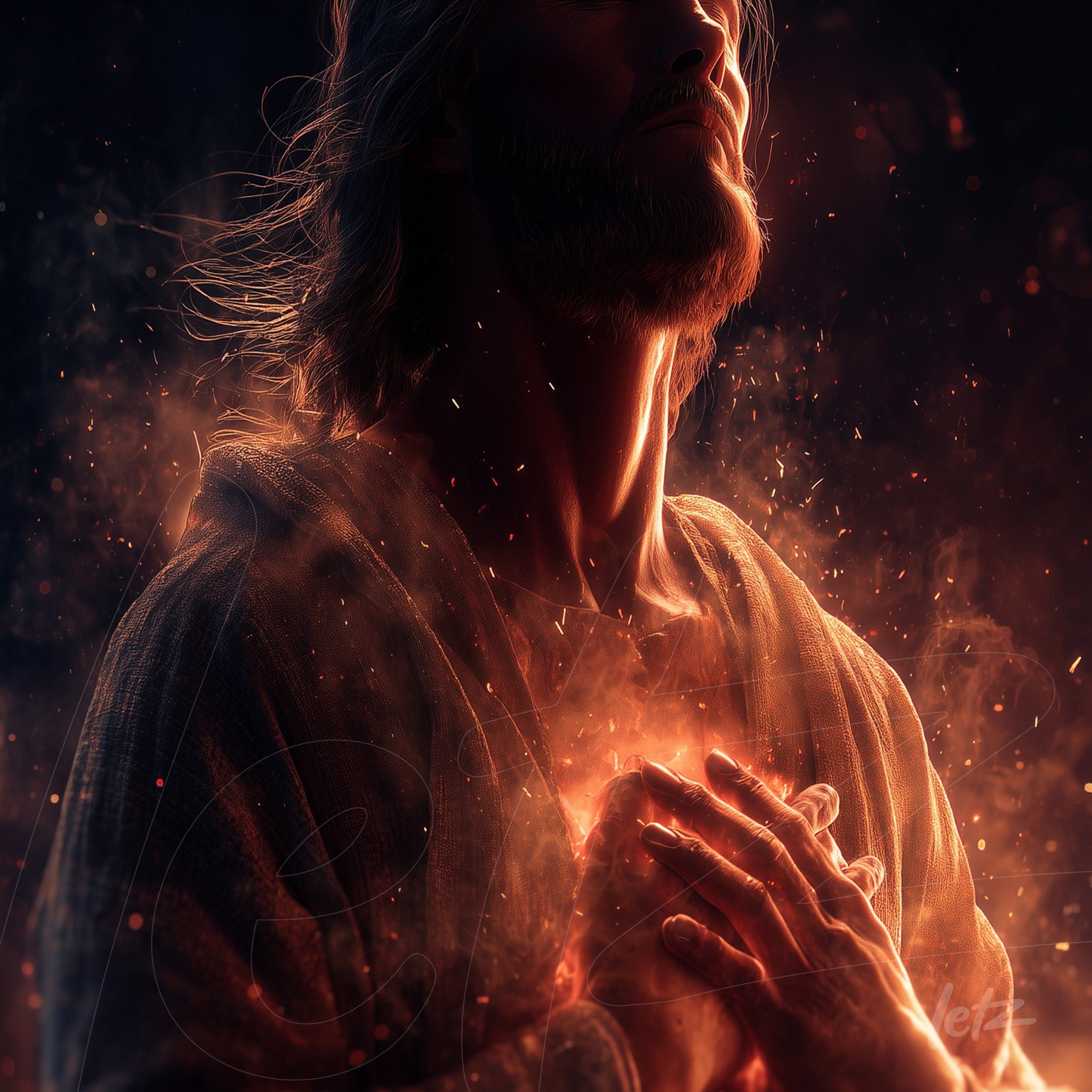 digital artwork featuring a man with long hair and an intense expression, illuminated by flames coming from his chest against a dark background