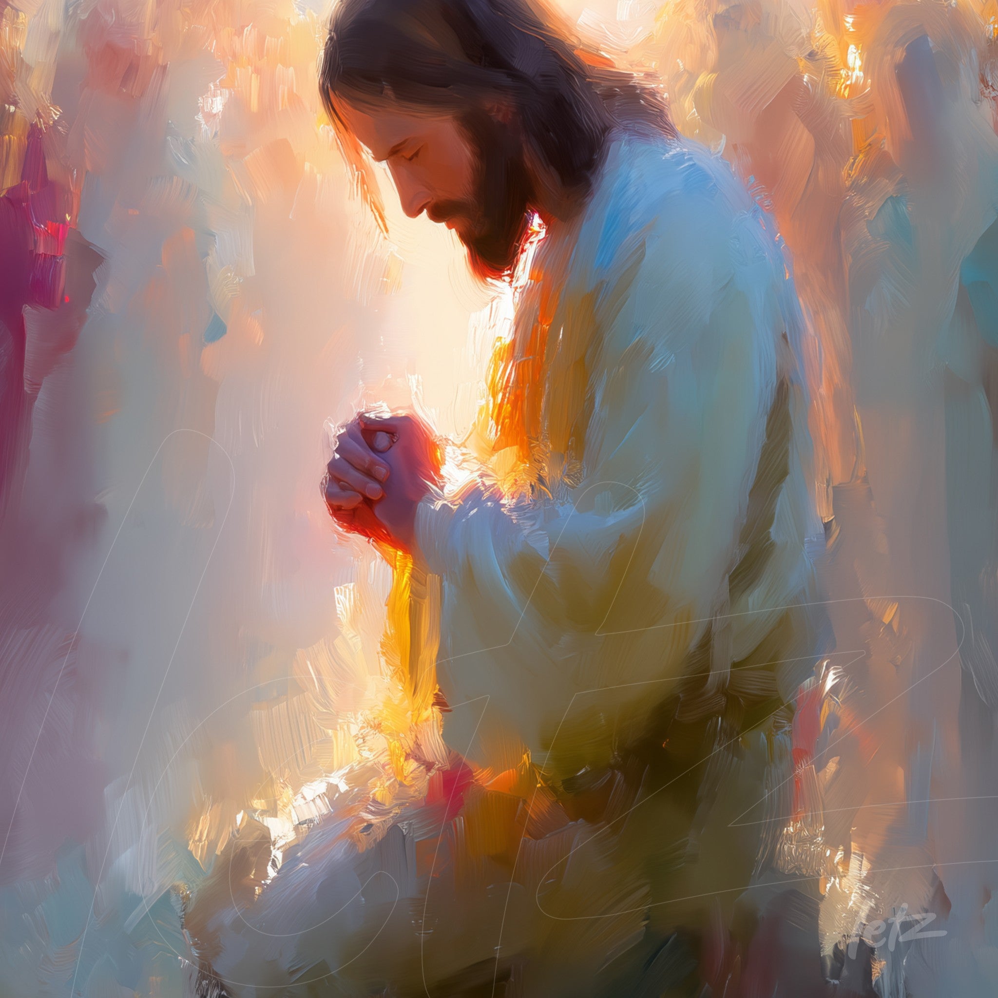 digital artwork of Jesus in prayer with soft light in the background