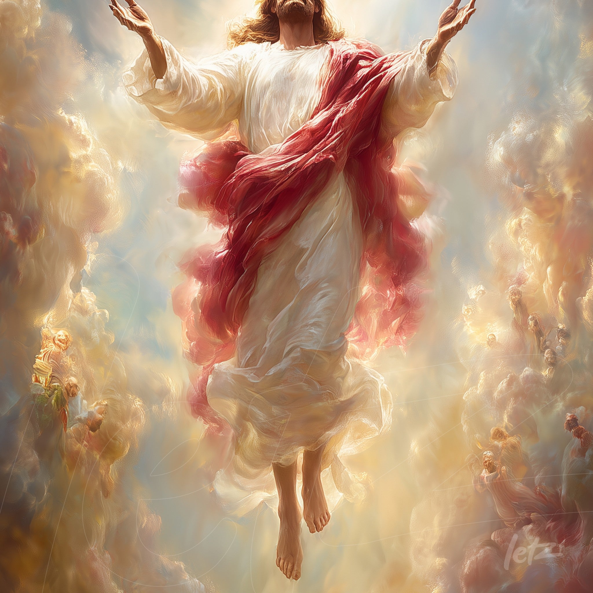 digital art of Jesus Christ ascending, surrounded by bright clouds with a vibrant red robe
