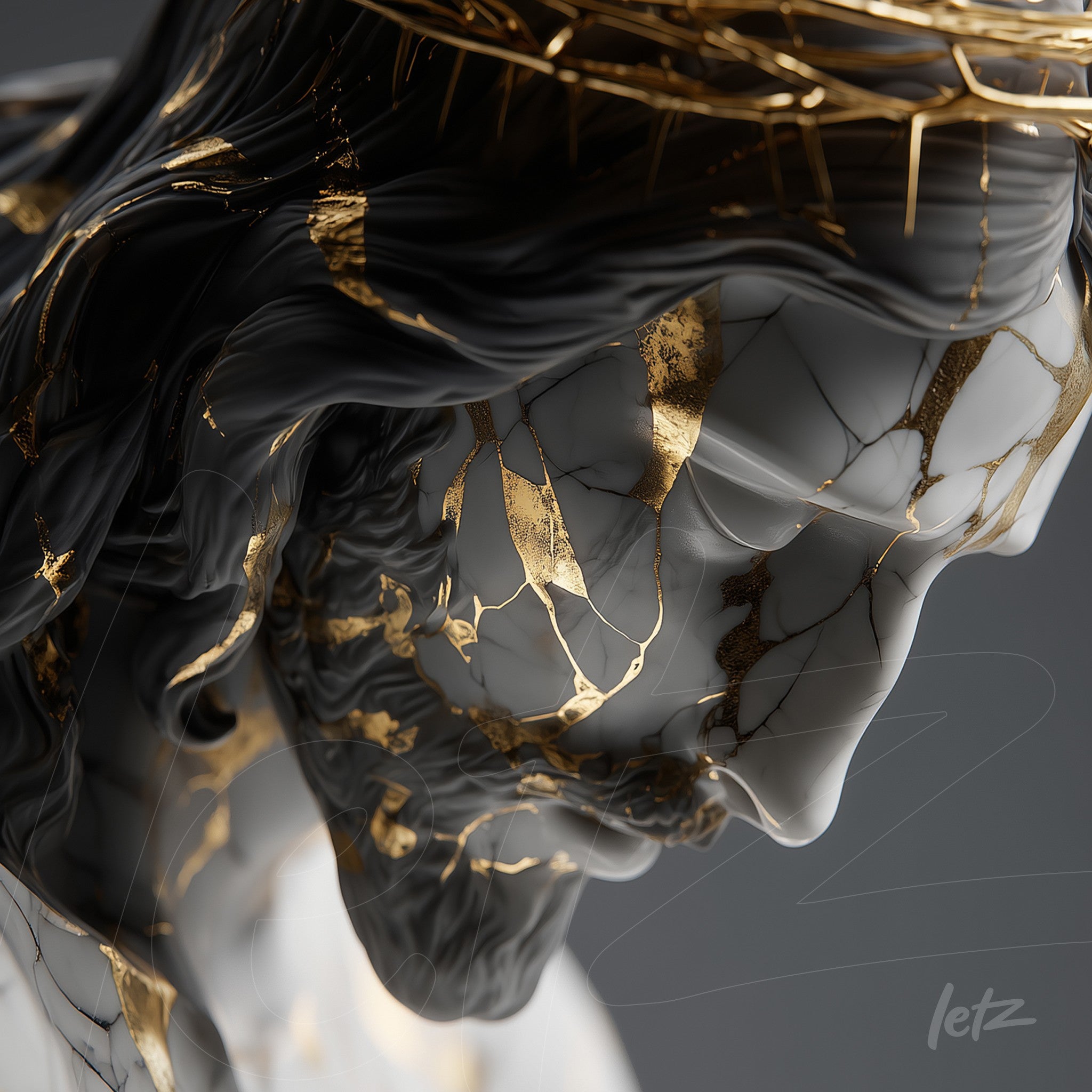 close-up of ceramic sculpture depicting a religious figure with gold finish and visible cracks