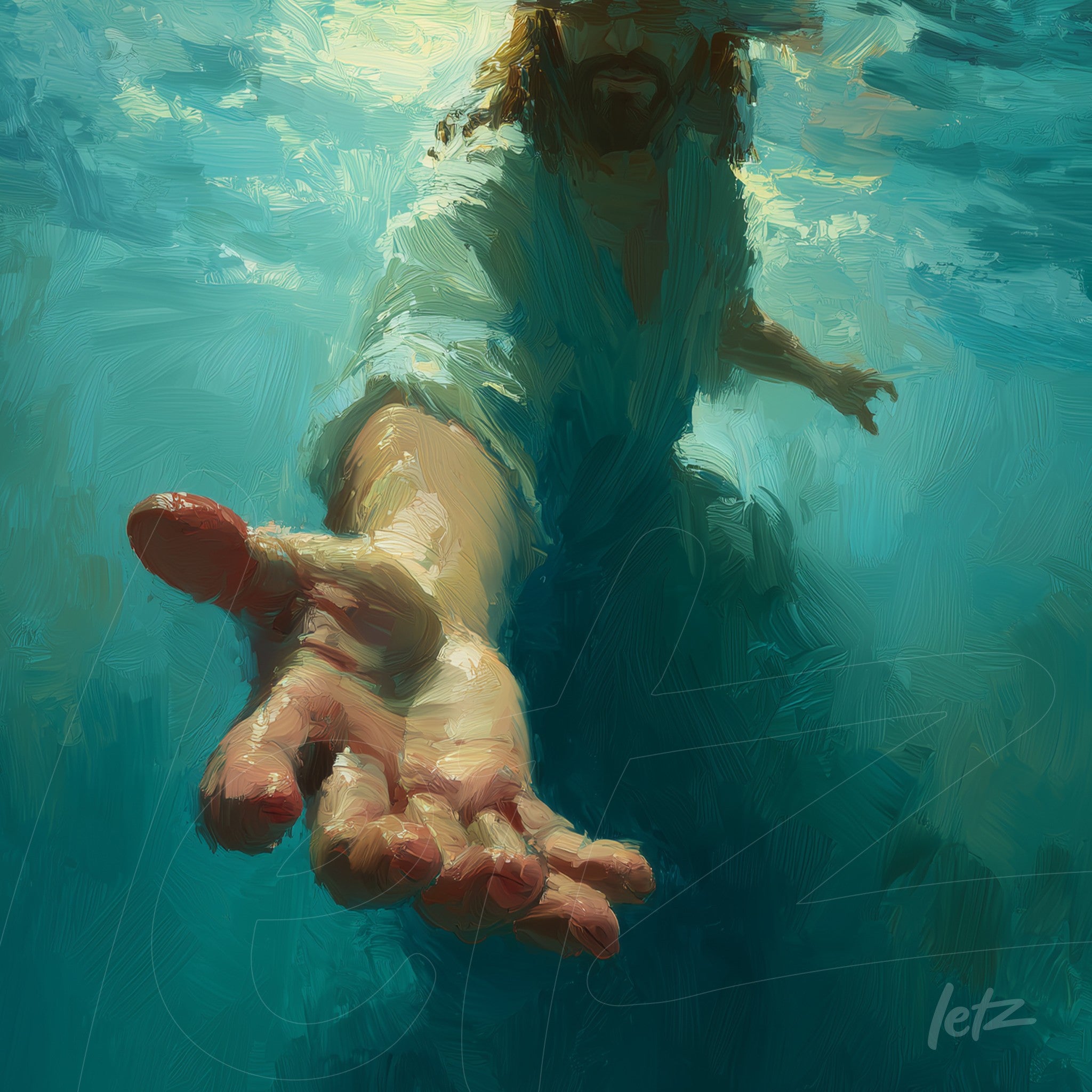 artistic depiction of a religious figure reaching out from an underwater scene with vibrant brushstrokes