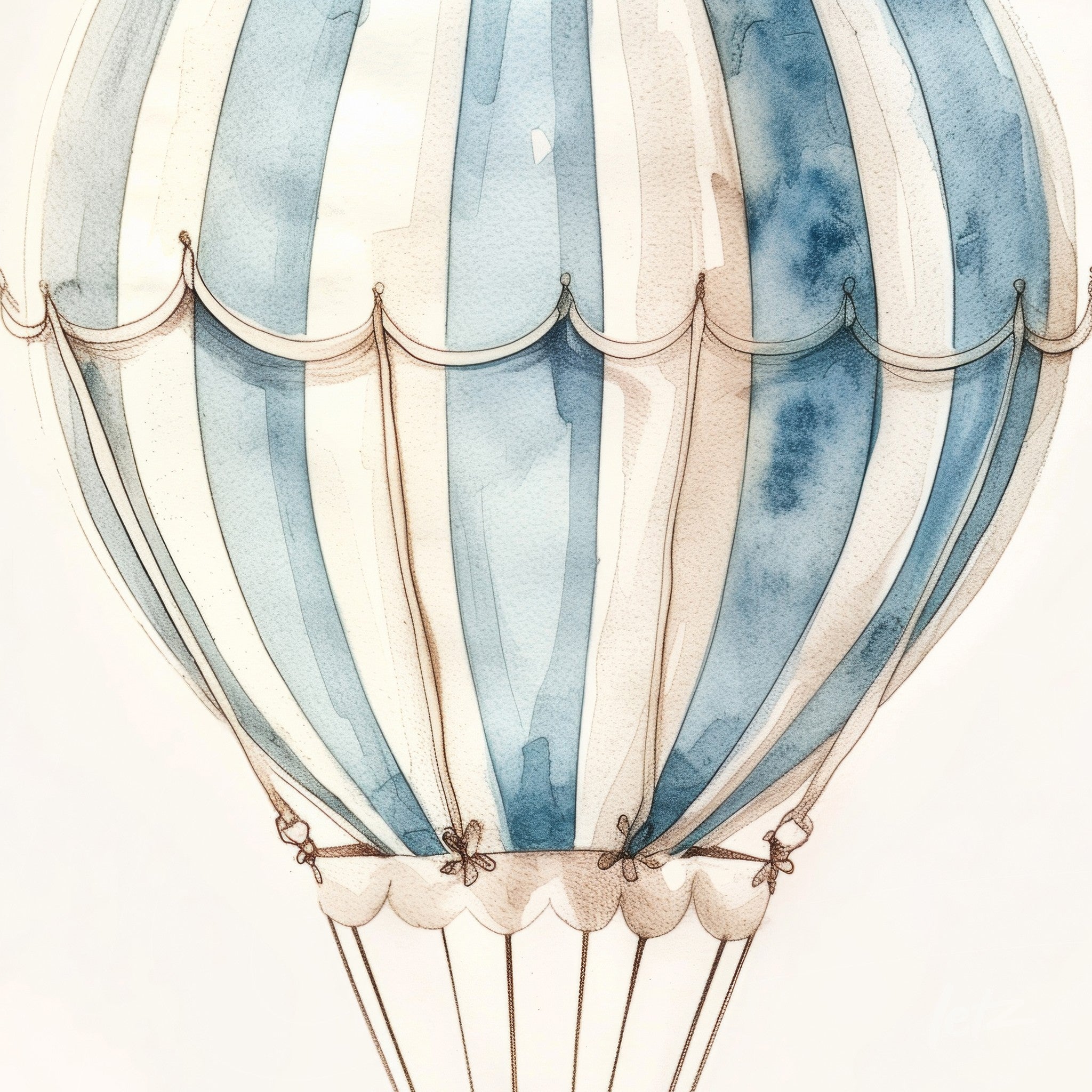 watercolor illustration of a hot air balloon in shades of blue and white with delicate details on the ropes