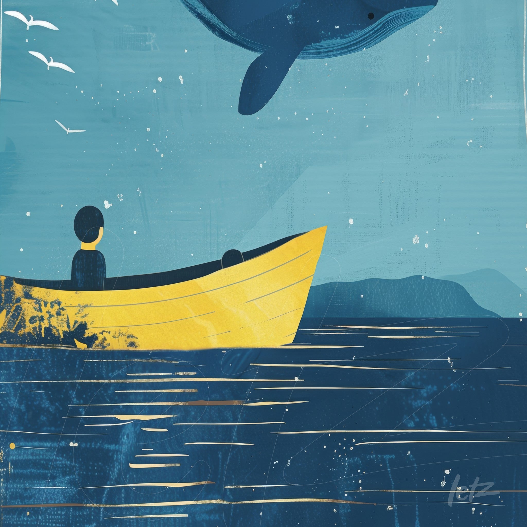 illustration of a yellow boat on a blue sea under a blue sky with a whale breaching above the water and birds flying in the background