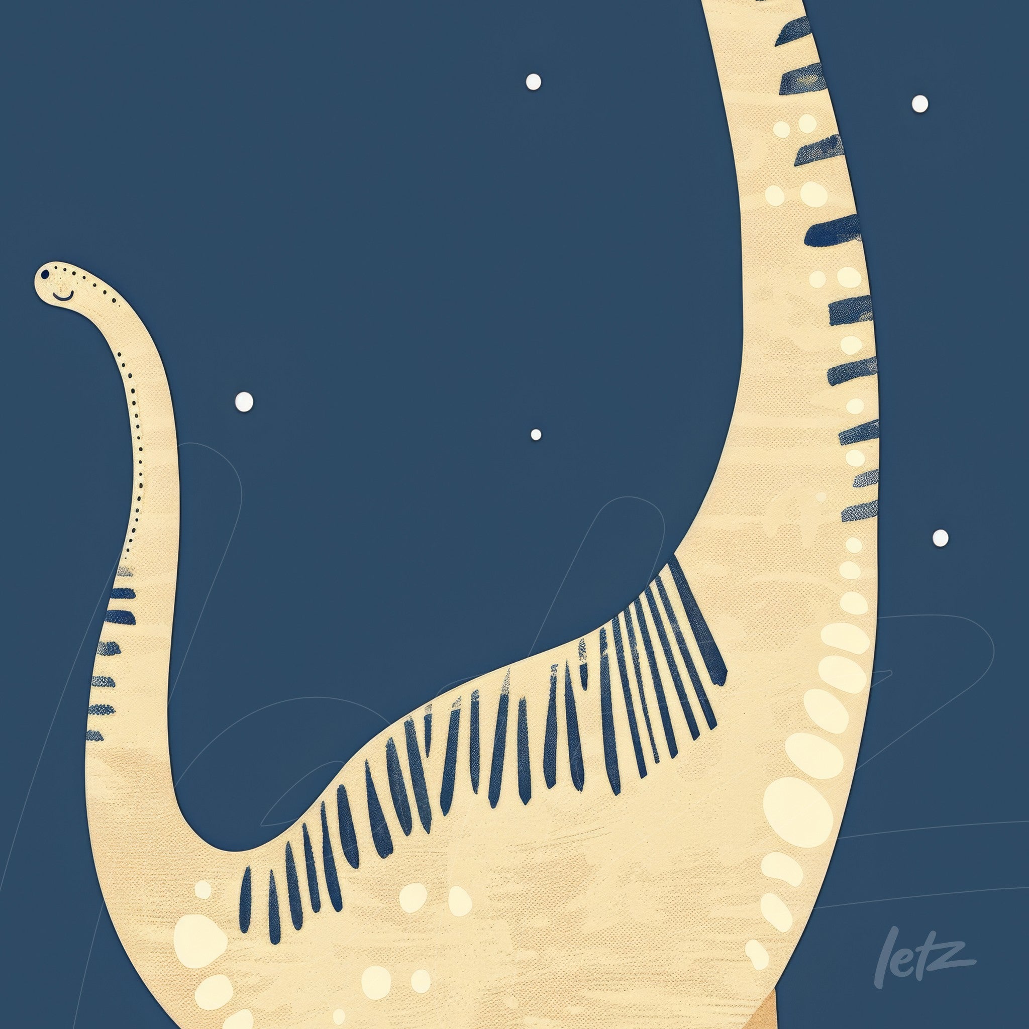 detail of digital art featuring a dinosaur tail against a dark blue background with white stars