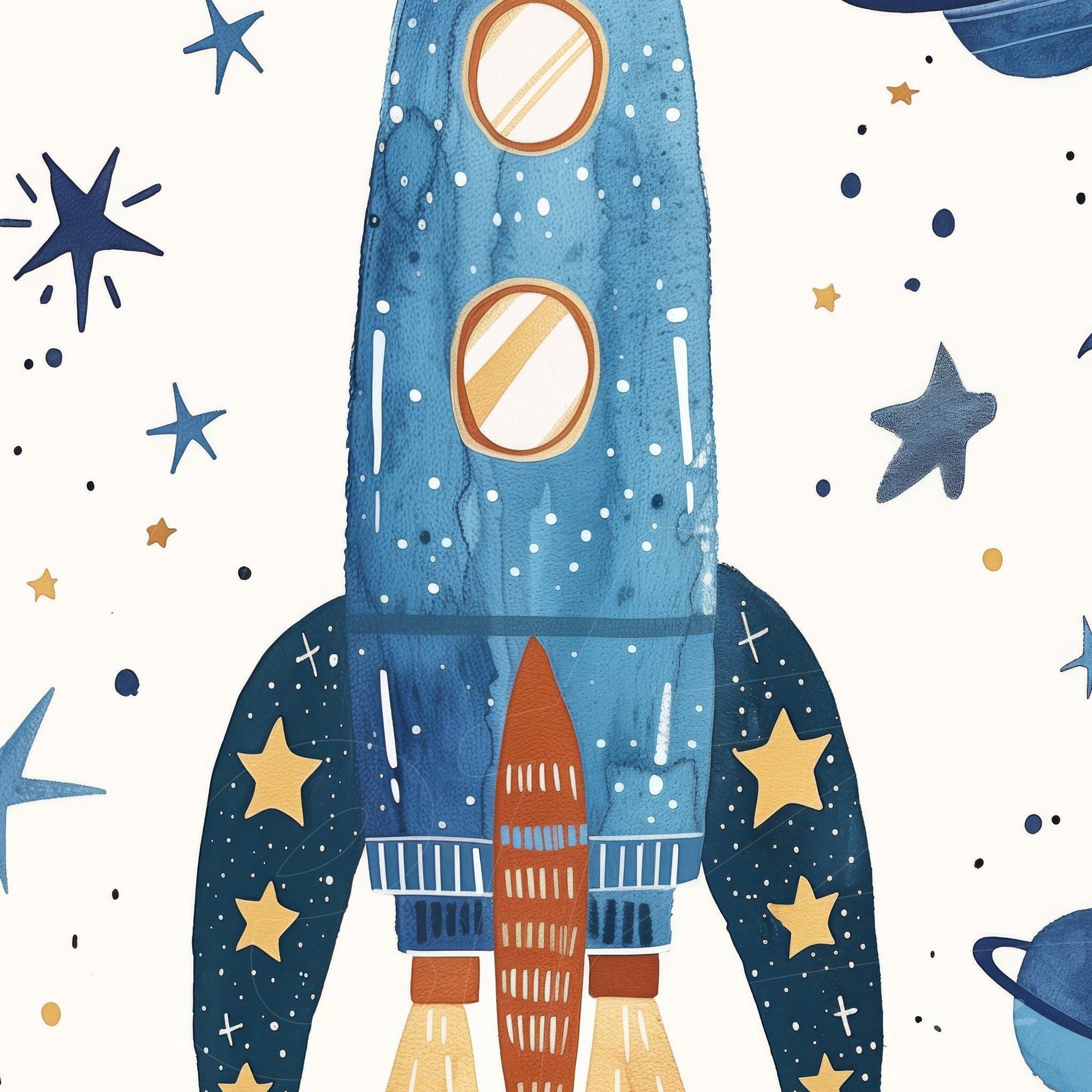 blue rocket illustration with yellow details surrounded by colorful stars on light background