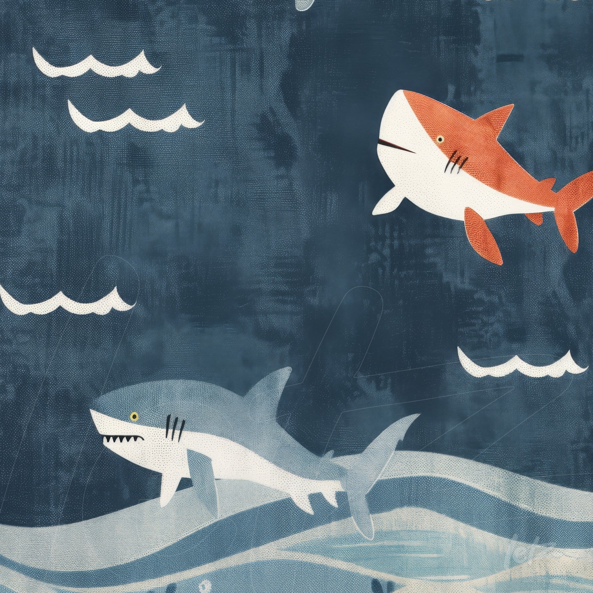 framed artwork featuring sharks swimming on dark blue background with white waves and clouds
