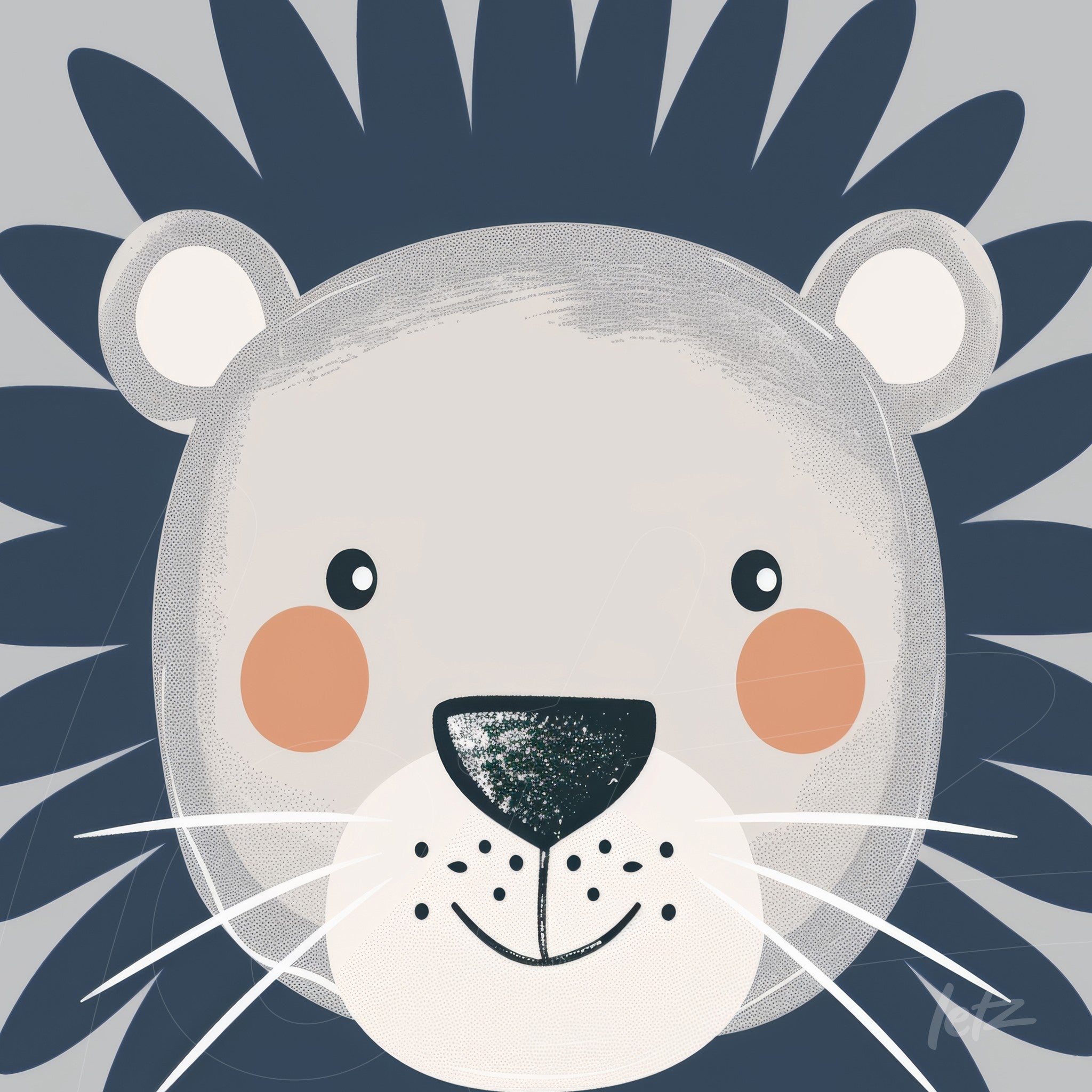 playful digital art of a stylized lion with friendly features and gray background
