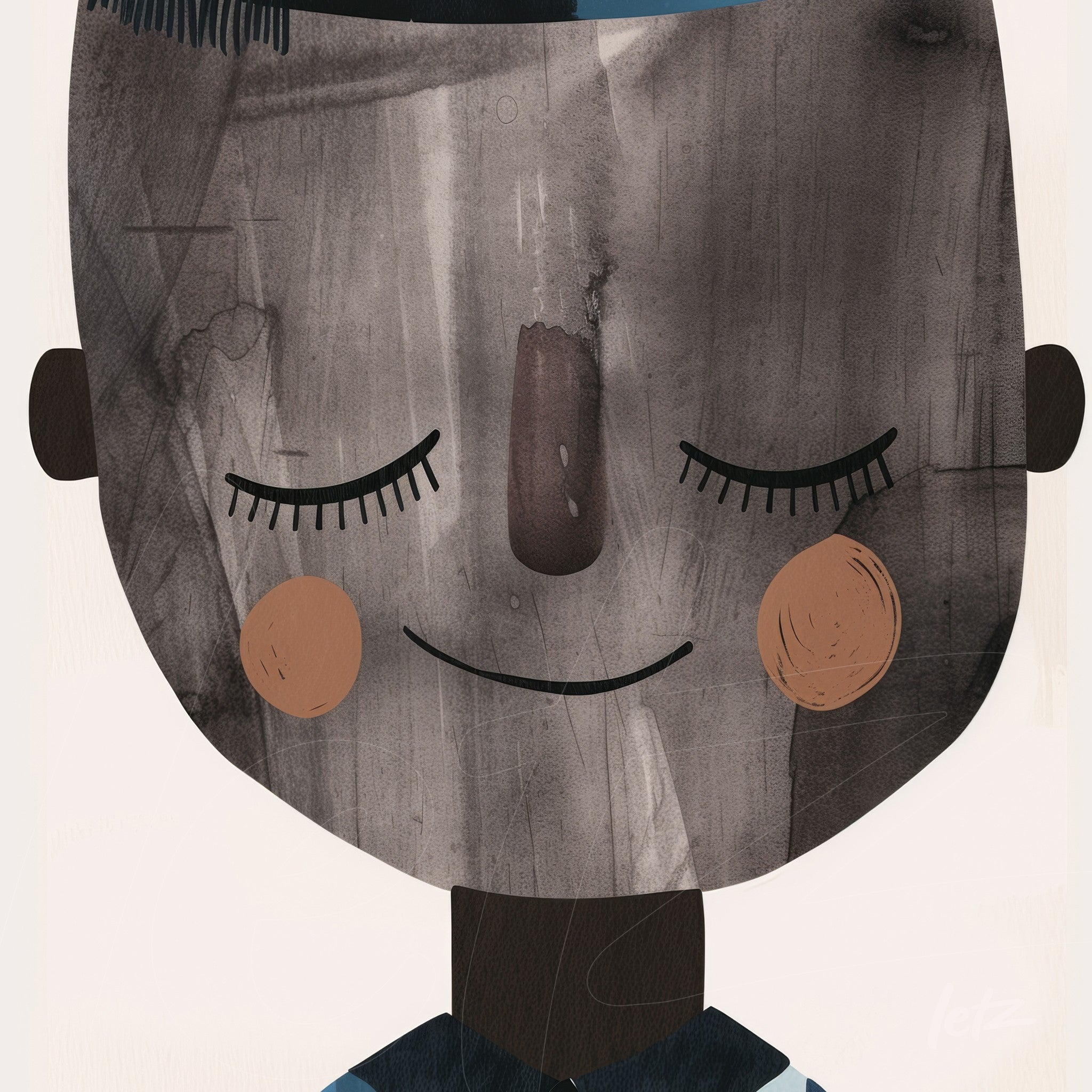 framed artwork featuring a minimalist illustration of a smiling boy with a round face and simple features