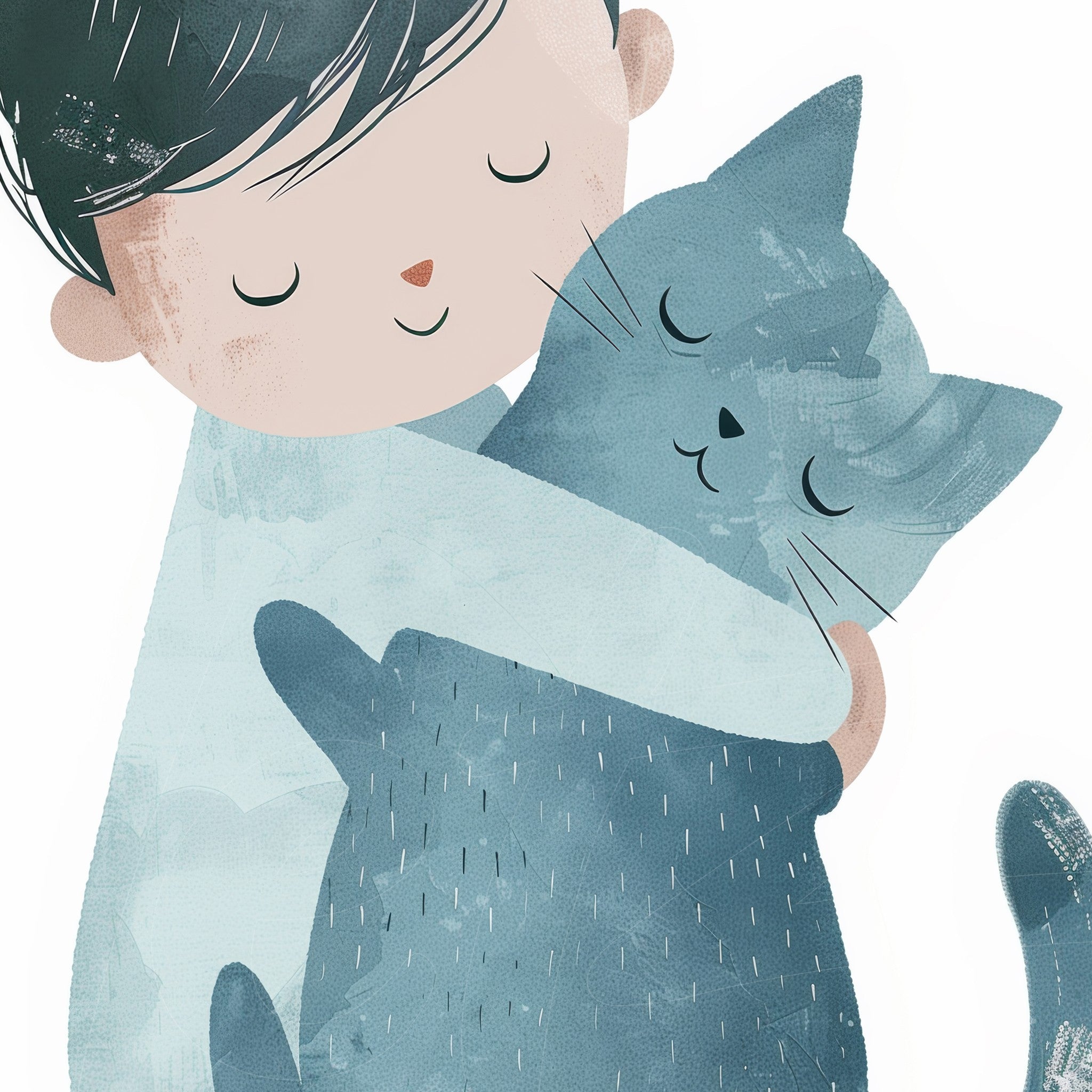 illustration of a boy hugging his gray textured cat against a soft white background