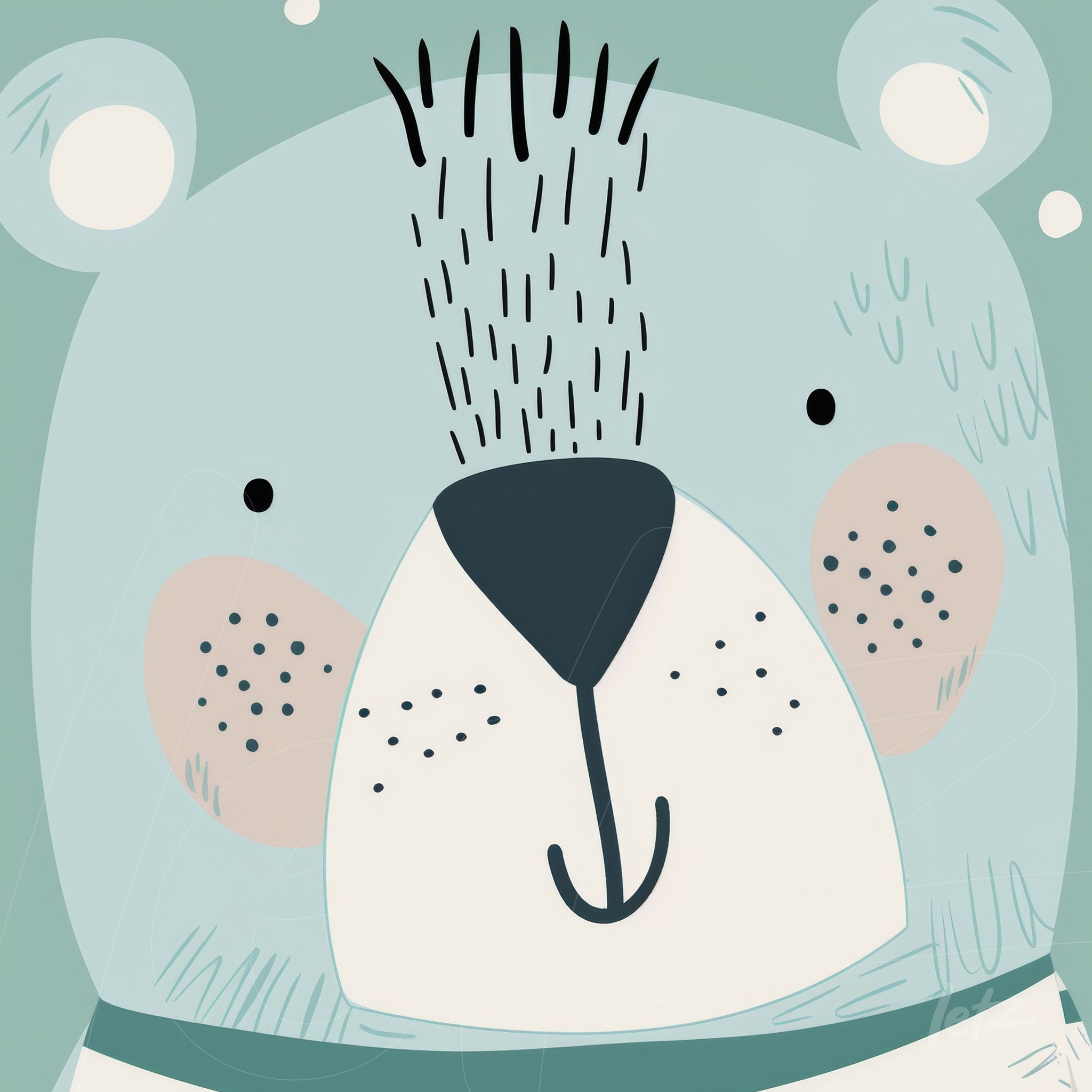 cute illustration of a bear with light blue fur and simple features on a soft green background
