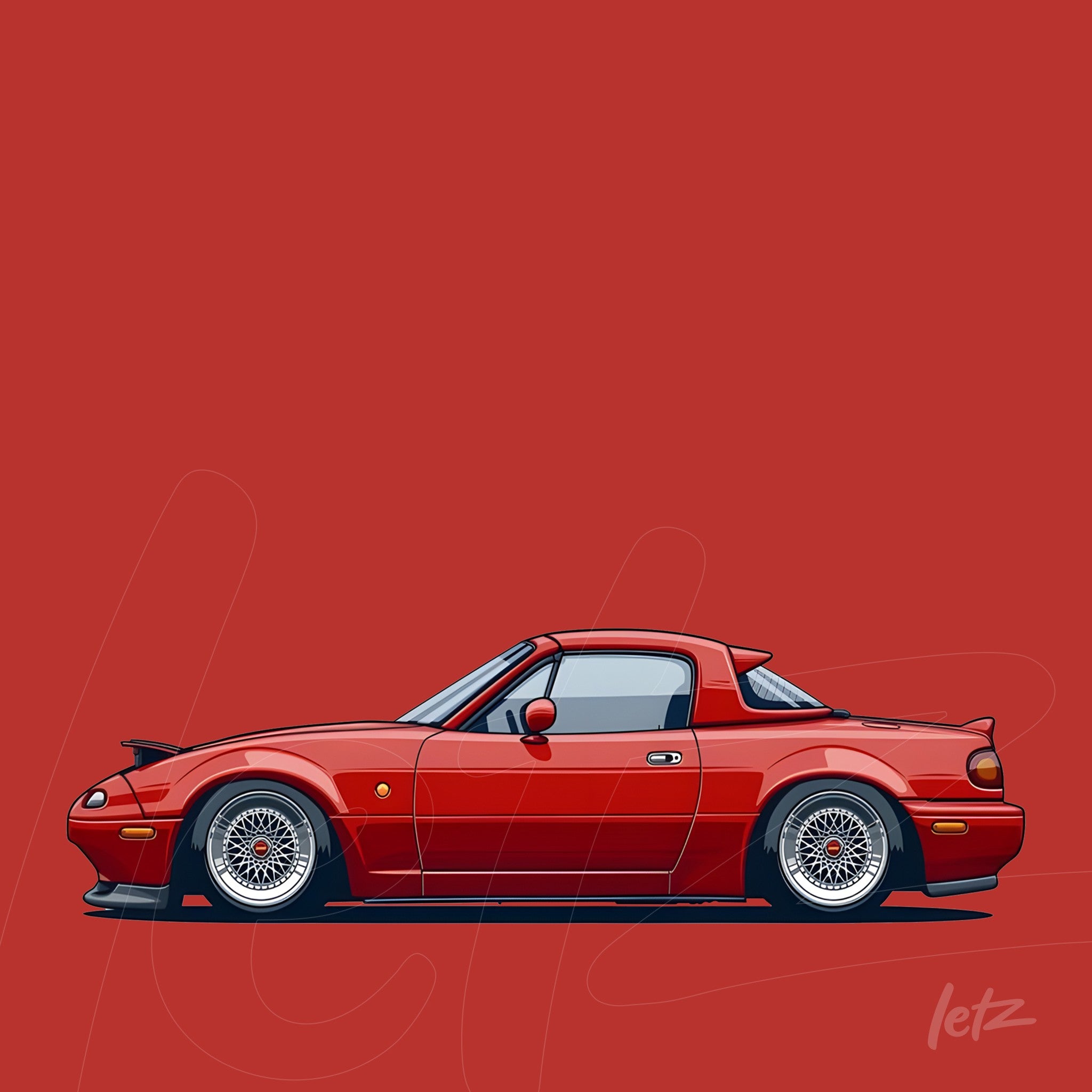 illustration of a red sports car with wire wheels and solid red background