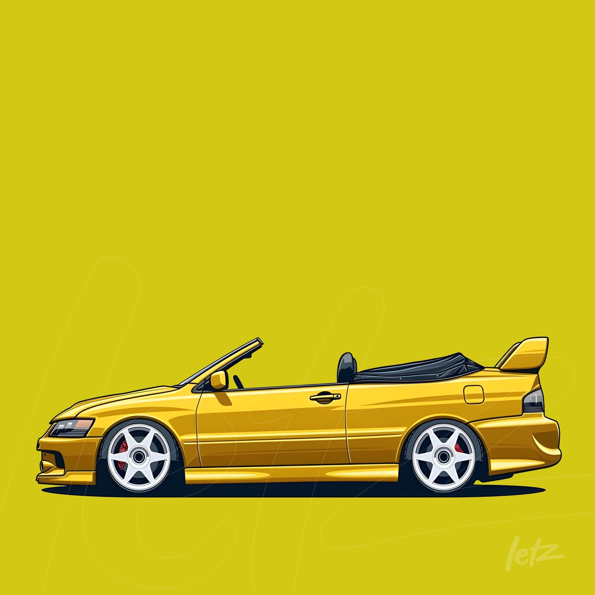 digital illustration of a yellow convertible sports car on a vibrant yellow background