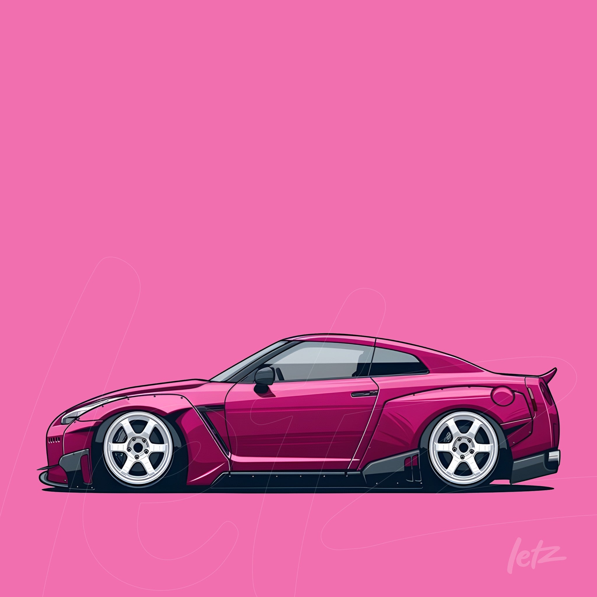 cartoon style illustration of a sports car in pink color with black accents and silver wheels on a vibrant pink background