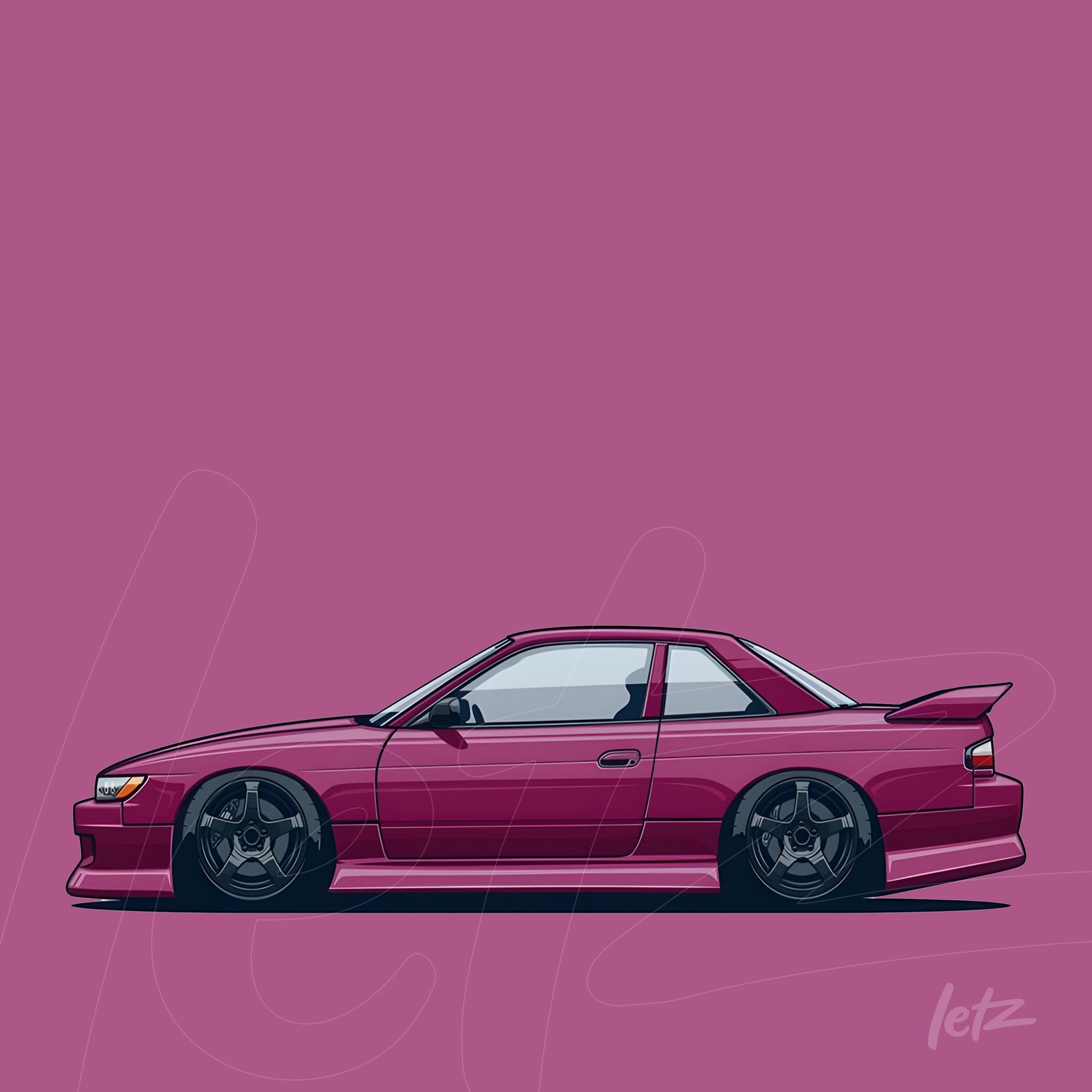 digital art of a sports car in illustration style with purple background