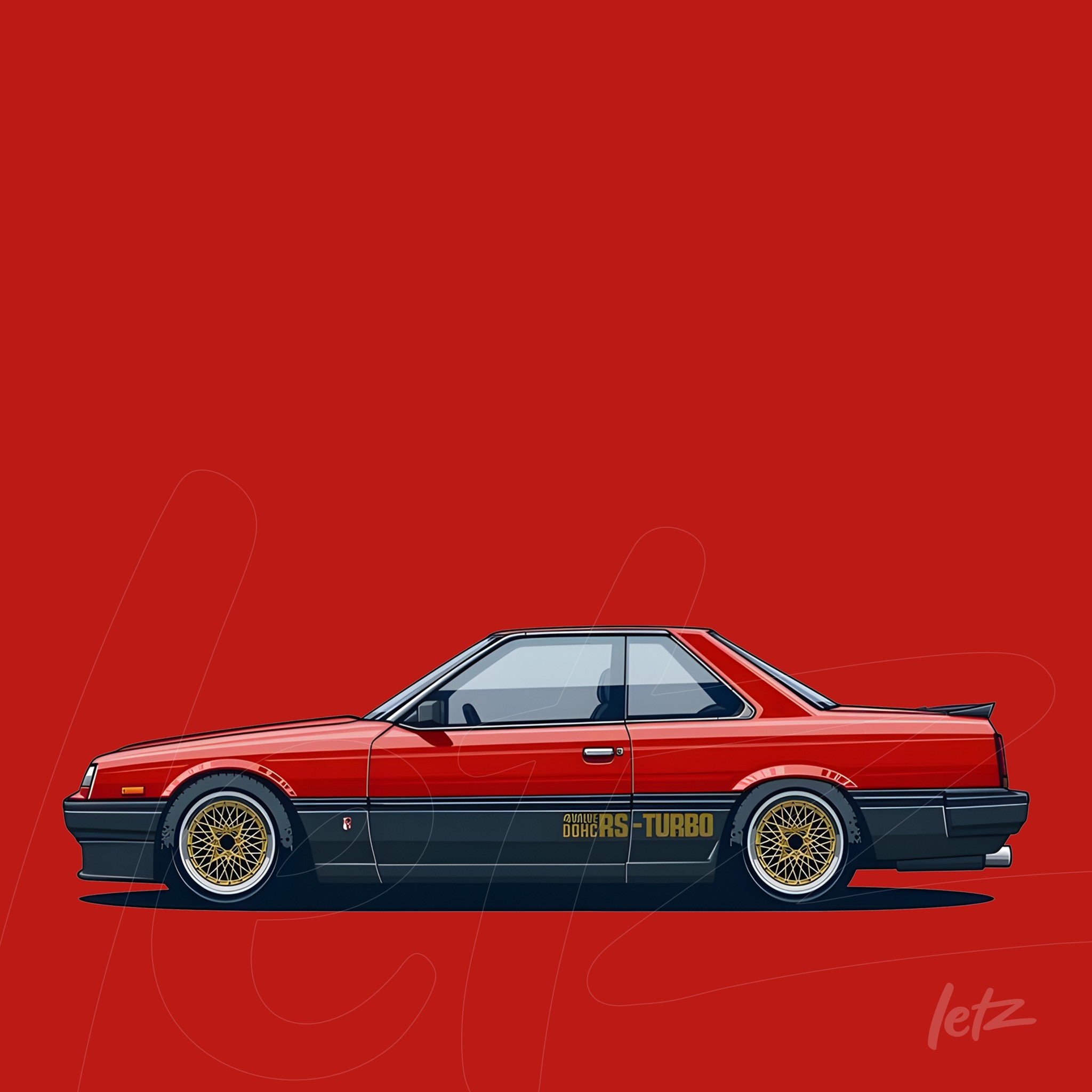 retro style illustration of a red sports car with black accents on red background