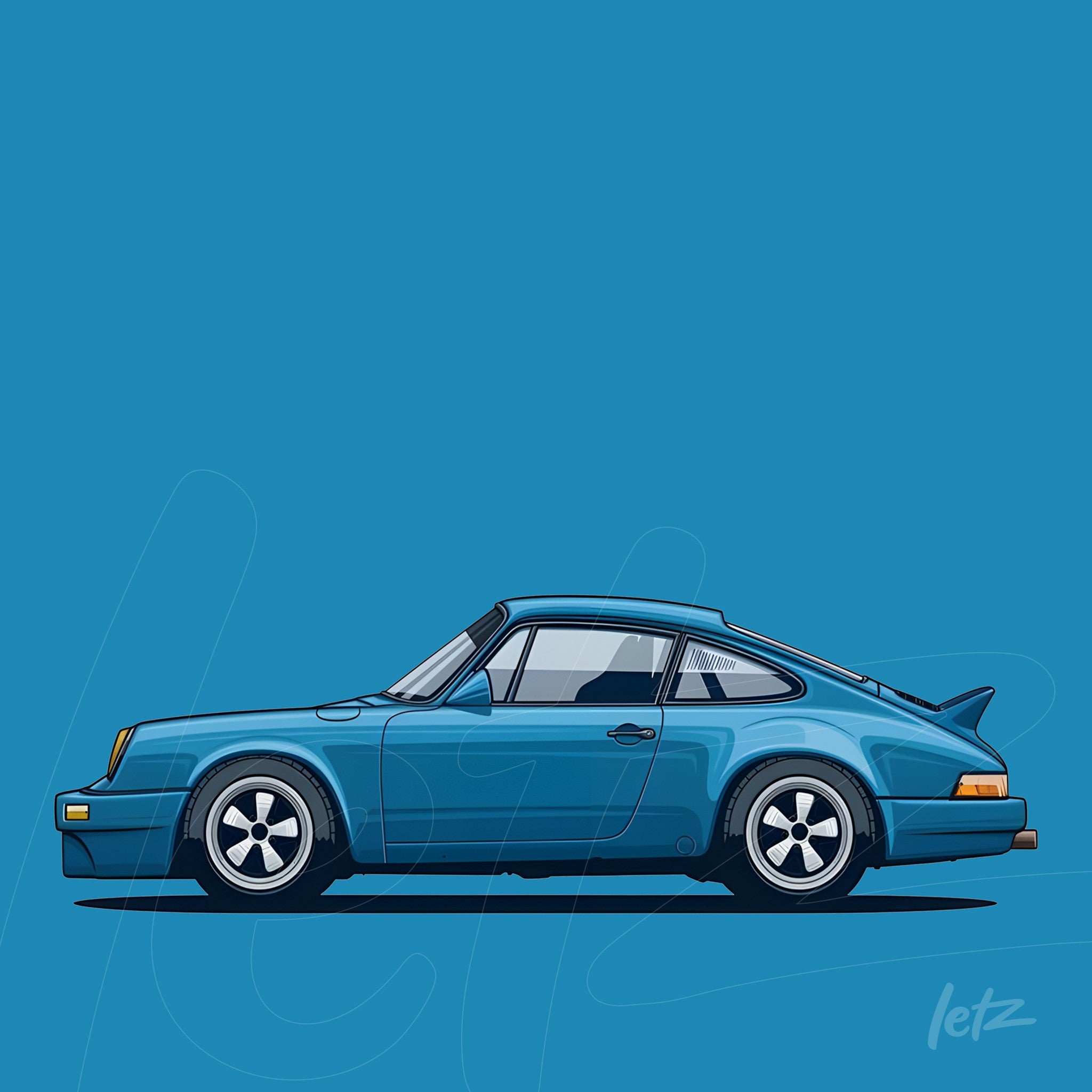illustration of a blue sports car against a solid blue background, side view with stylized details, no frame