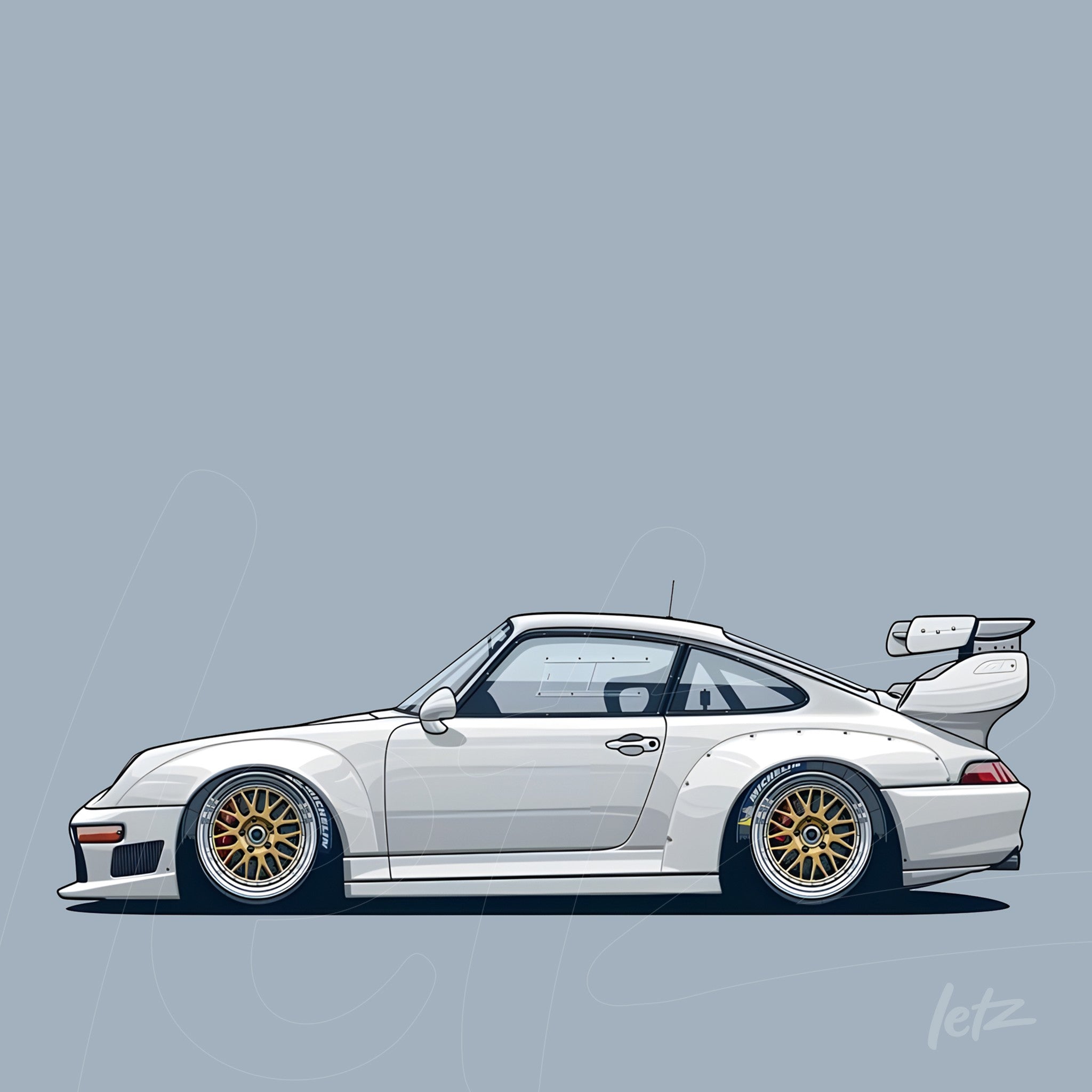 digital artwork of a stylized white sports car with gold wheels and an elevated rear wing