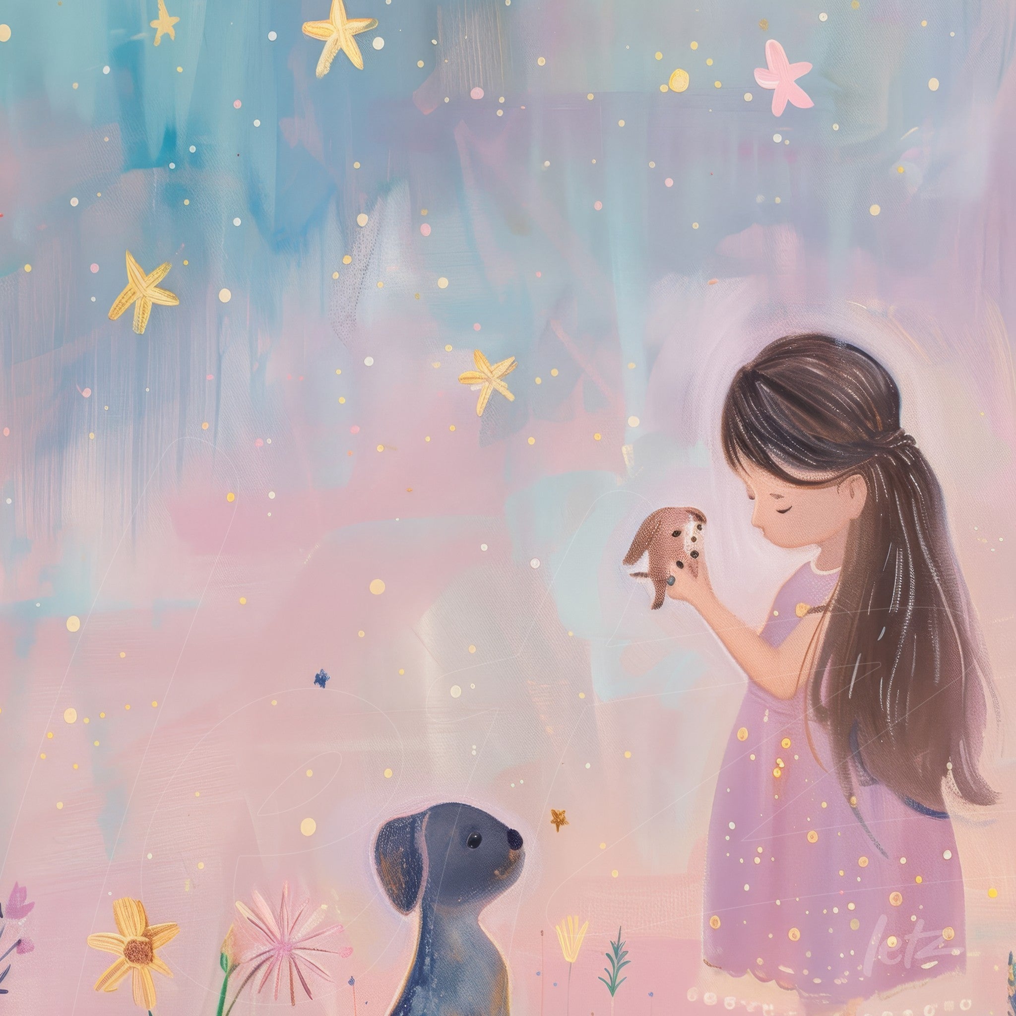 illustration of a girl holding a guinea pig with a dog looking on soft blue and pink background filled with stars