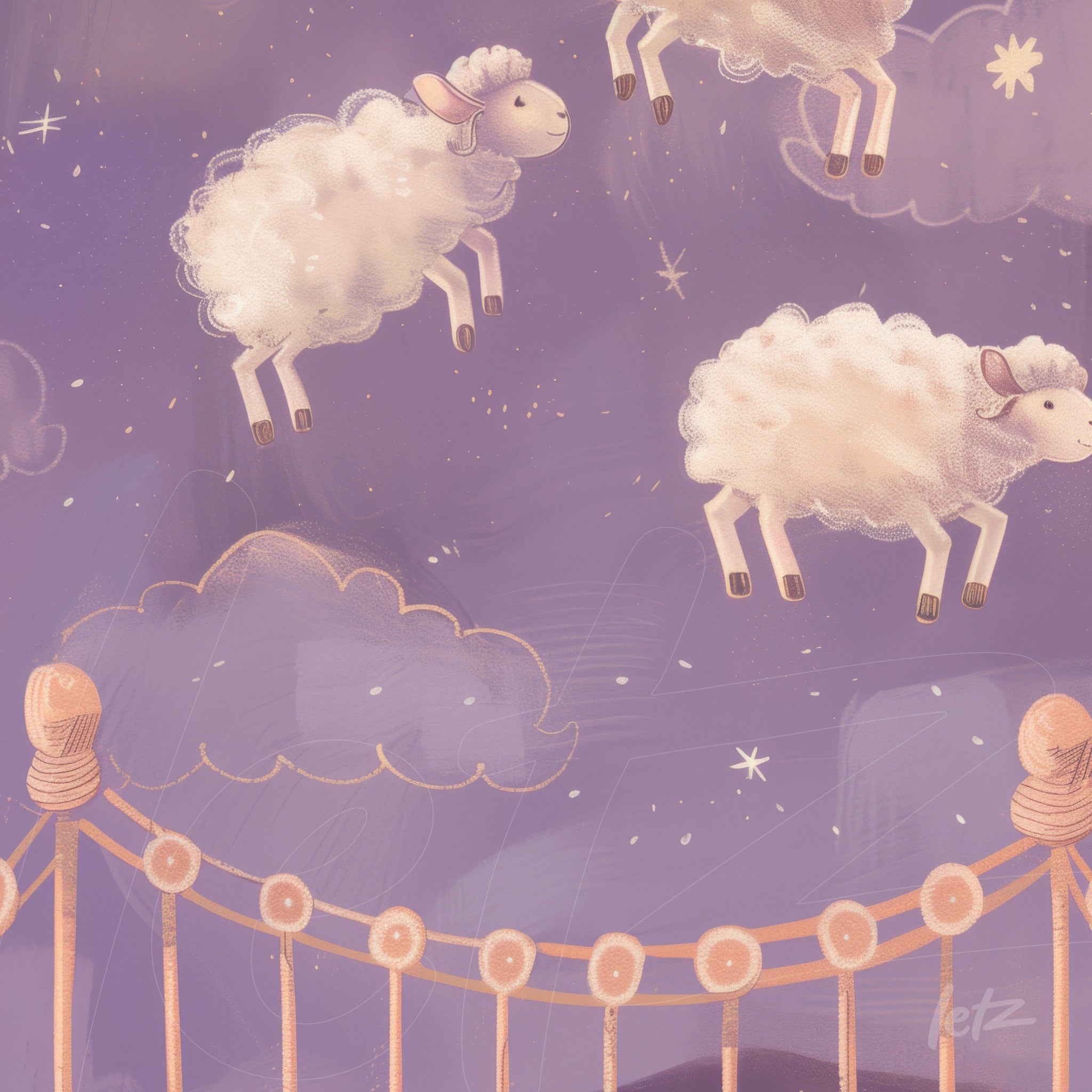 whimsical illustration of sheep flying among clouds in soft purple background