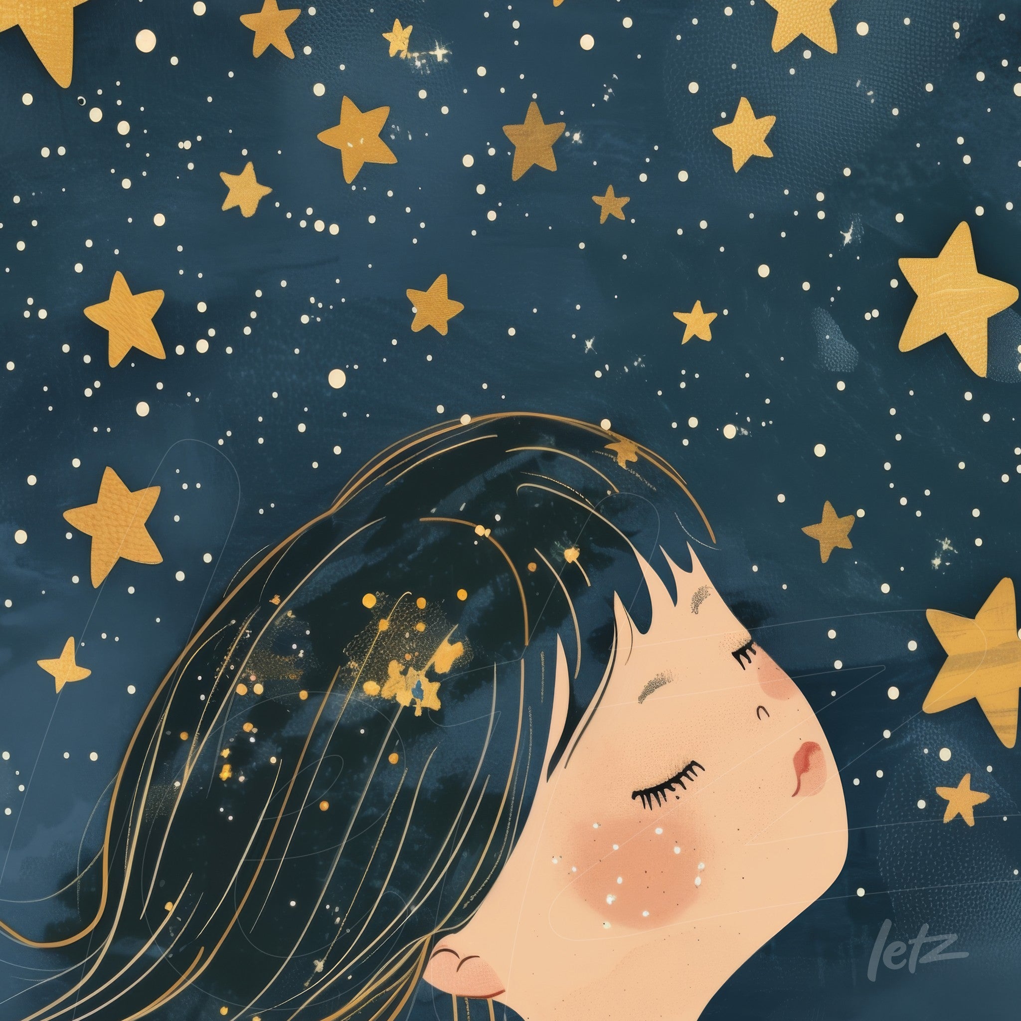 illustration of a dreaming girl under a starry night sky with golden stars