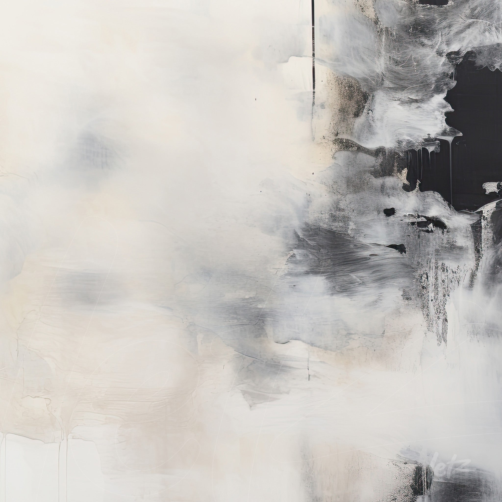 abstract canvas artwork featuring black, white, and neutral tones with texture