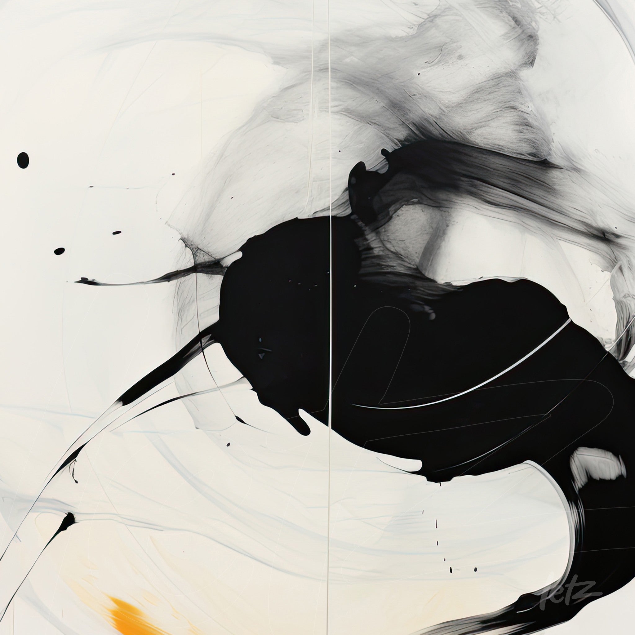 abstract artwork featuring bold black brush strokes and hints of yellow on a white background